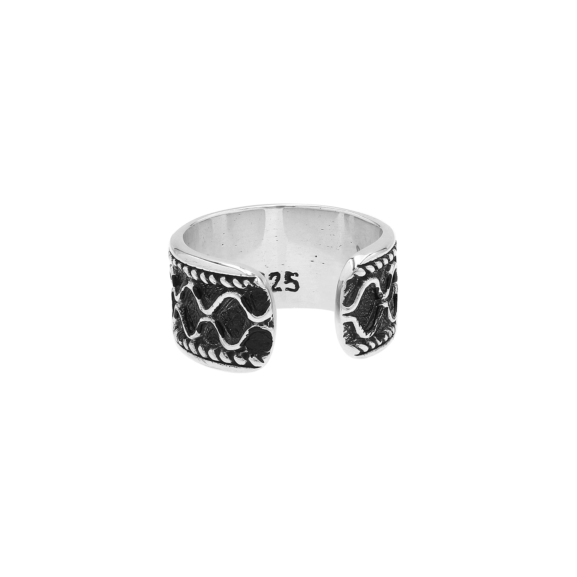 Sterling silver adjustable wide band ring with wavy oxidized pattern, unisex artisan silver ring for men and women.