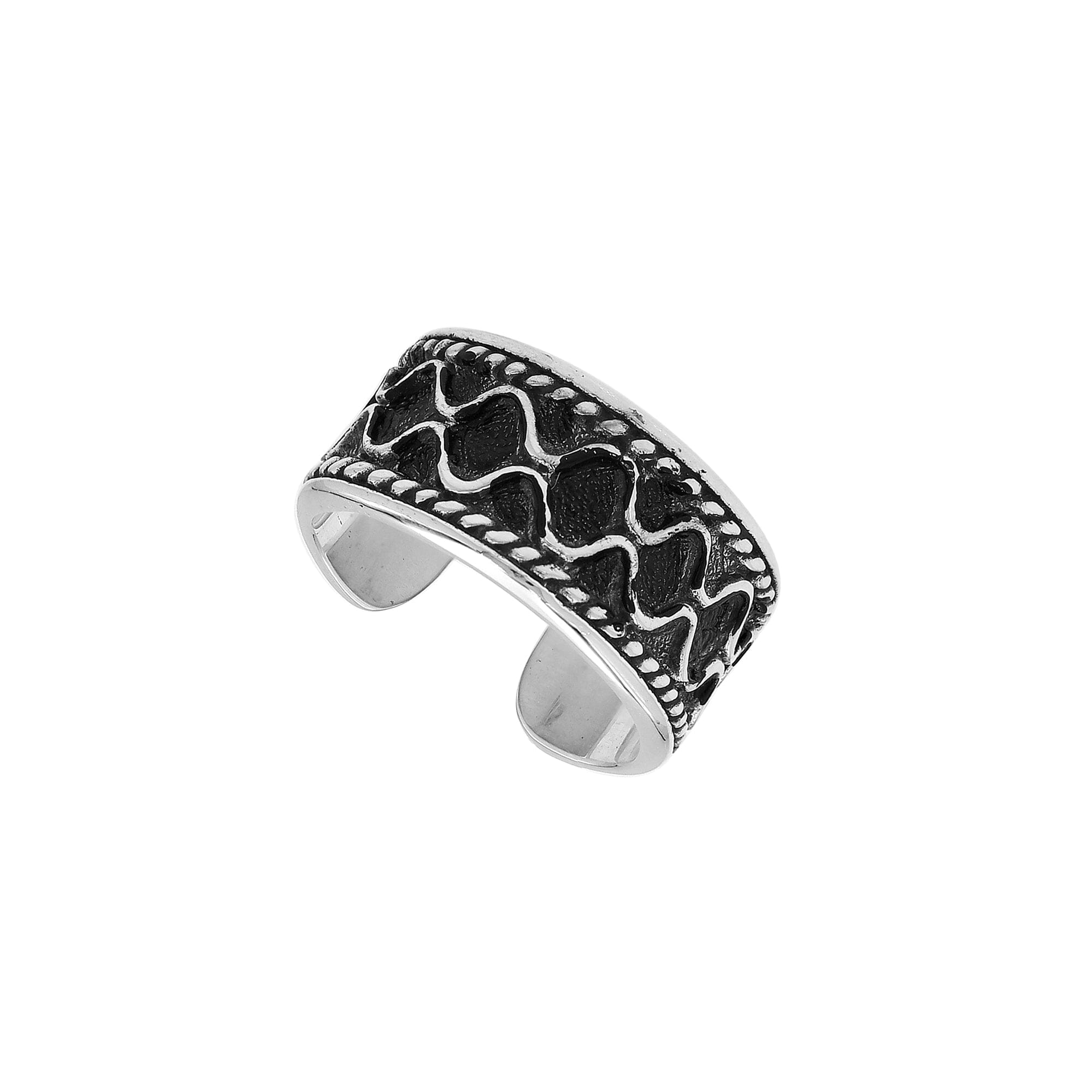 Sterling silver adjustable wide band ring with wavy oxidized pattern, unisex artisan silver ring for men and women.