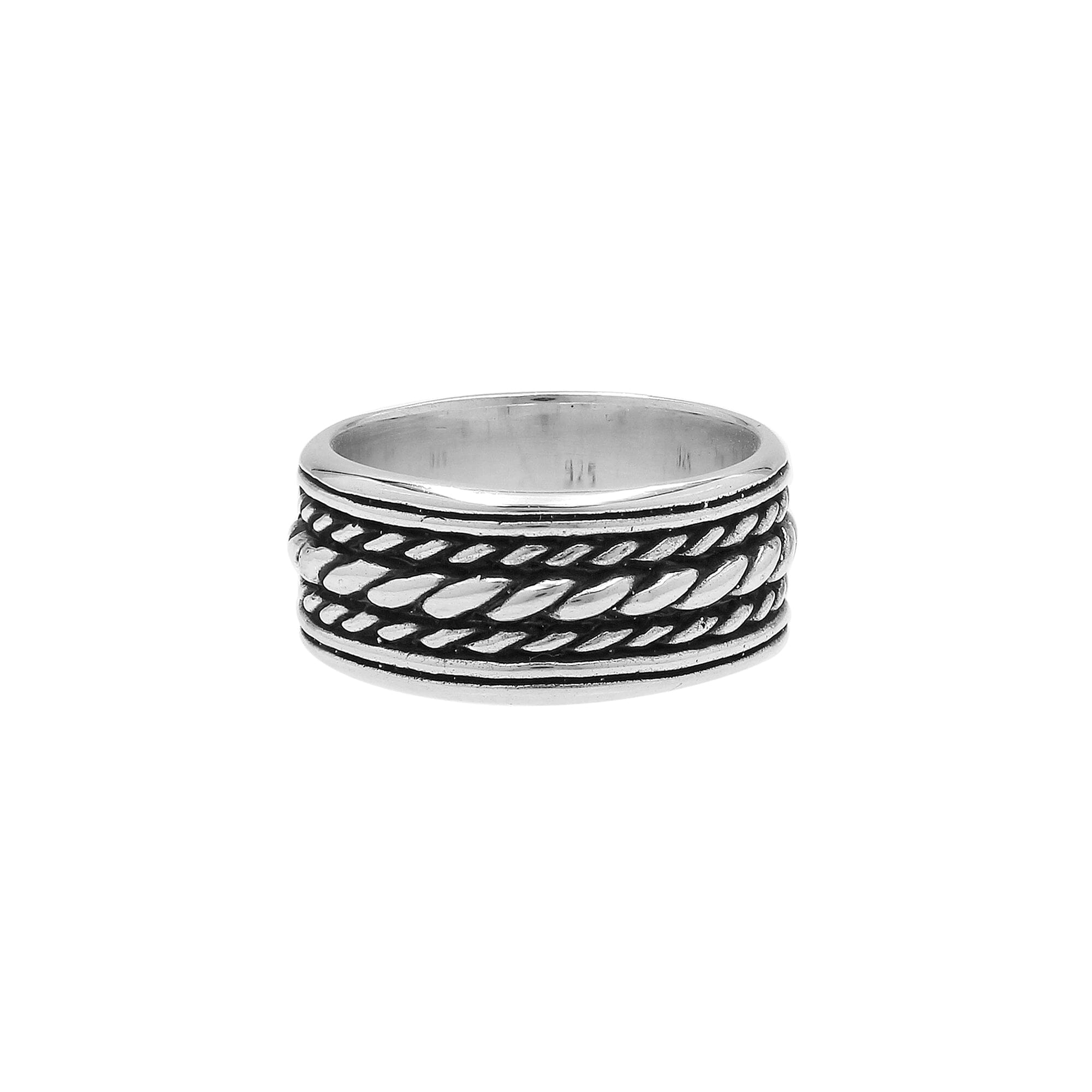 Men’s sterling silver rope band ring with oxidized wide design, unisex 925 silver ring for everyday wear and timeless style.