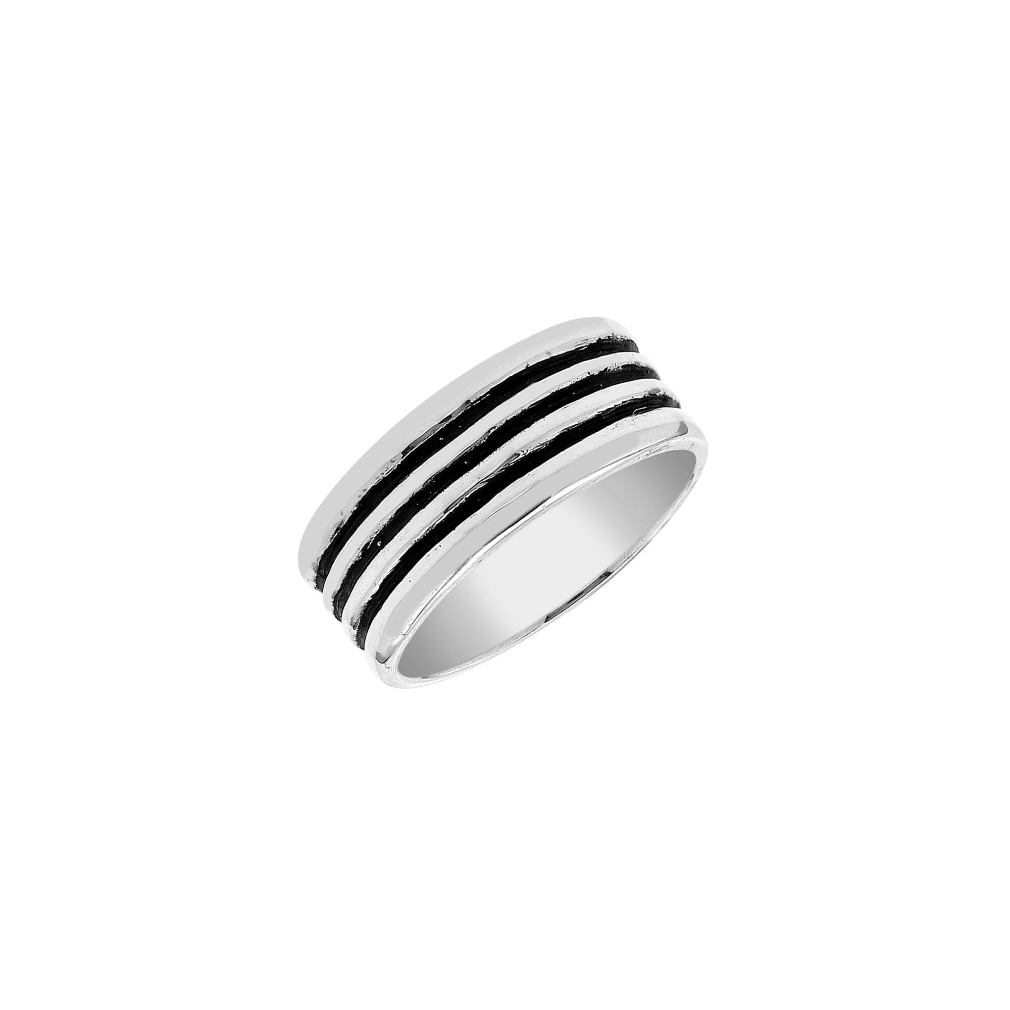 Sterling silver wide band ring with three oxidized black stripes, unisex design for men and women, handcrafted 925 silver fashion jewelry.
