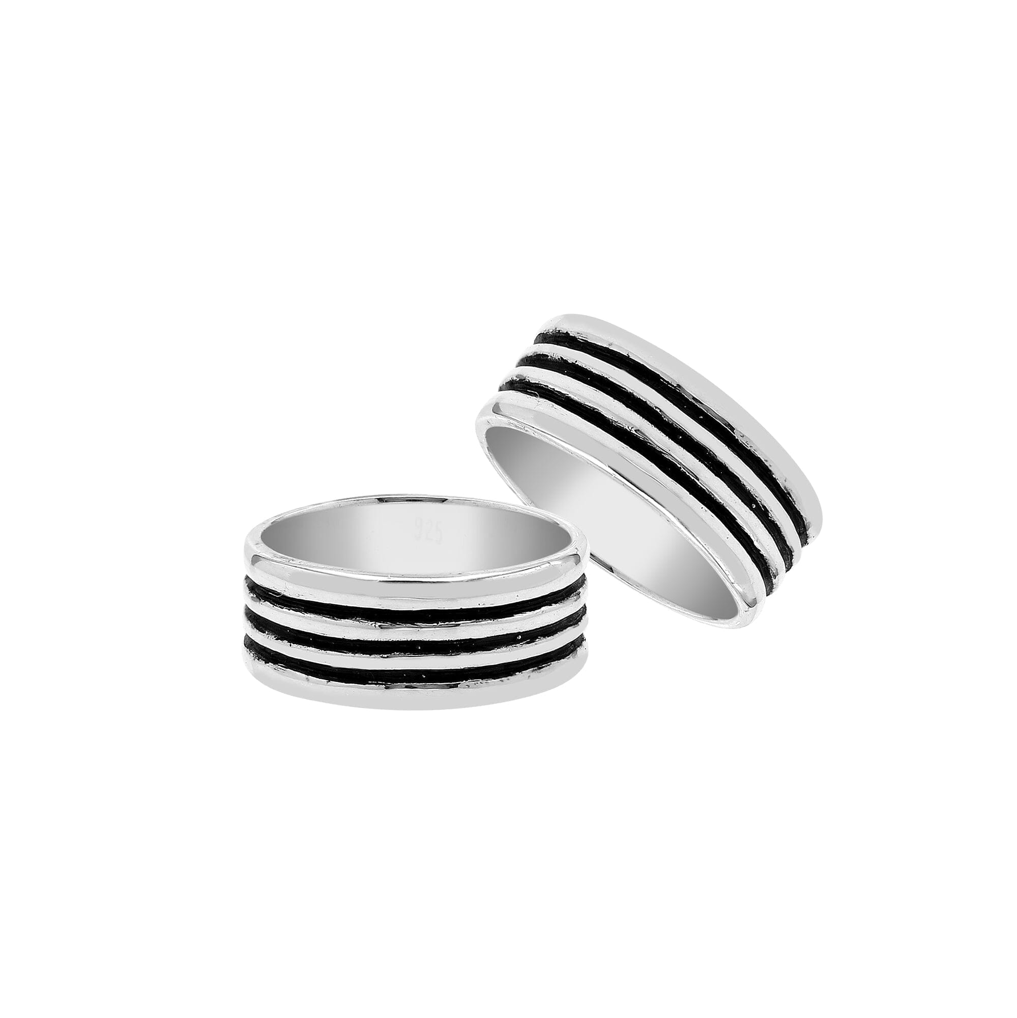 Sterling silver wide band ring with three oxidized black stripes, unisex design for men and women, handcrafted 925 silver fashion jewelry.
