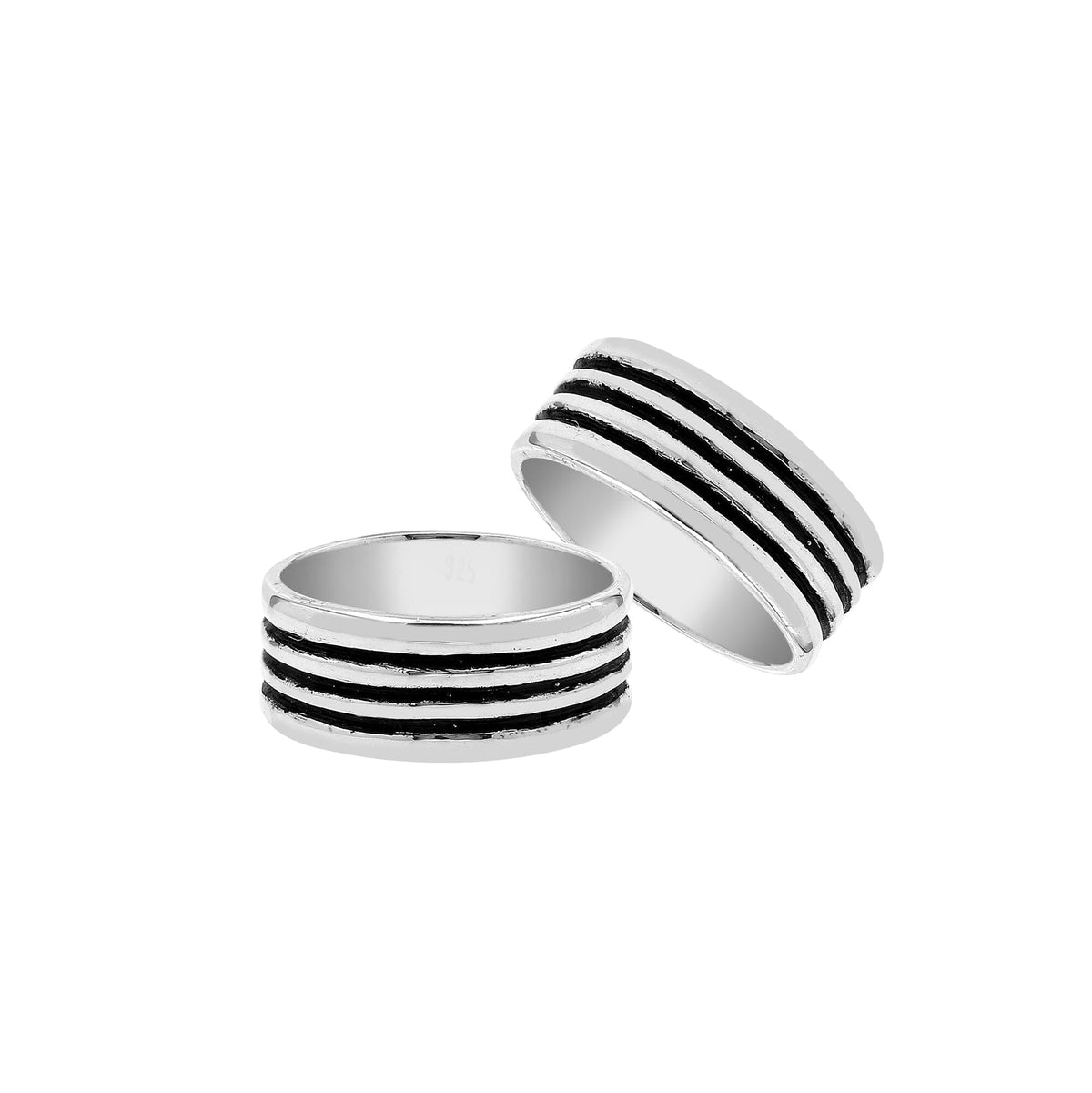 Sterling silver wide band ring with three oxidized black stripes, unisex design for men and women, handcrafted 925 silver fashion jewelry.
