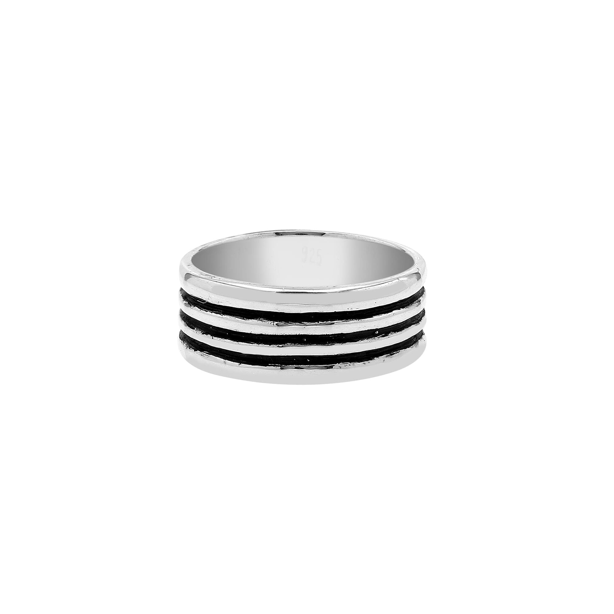 Sterling silver wide band ring with three oxidized black stripes, unisex design for men and women, handcrafted 925 silver fashion jewelry.