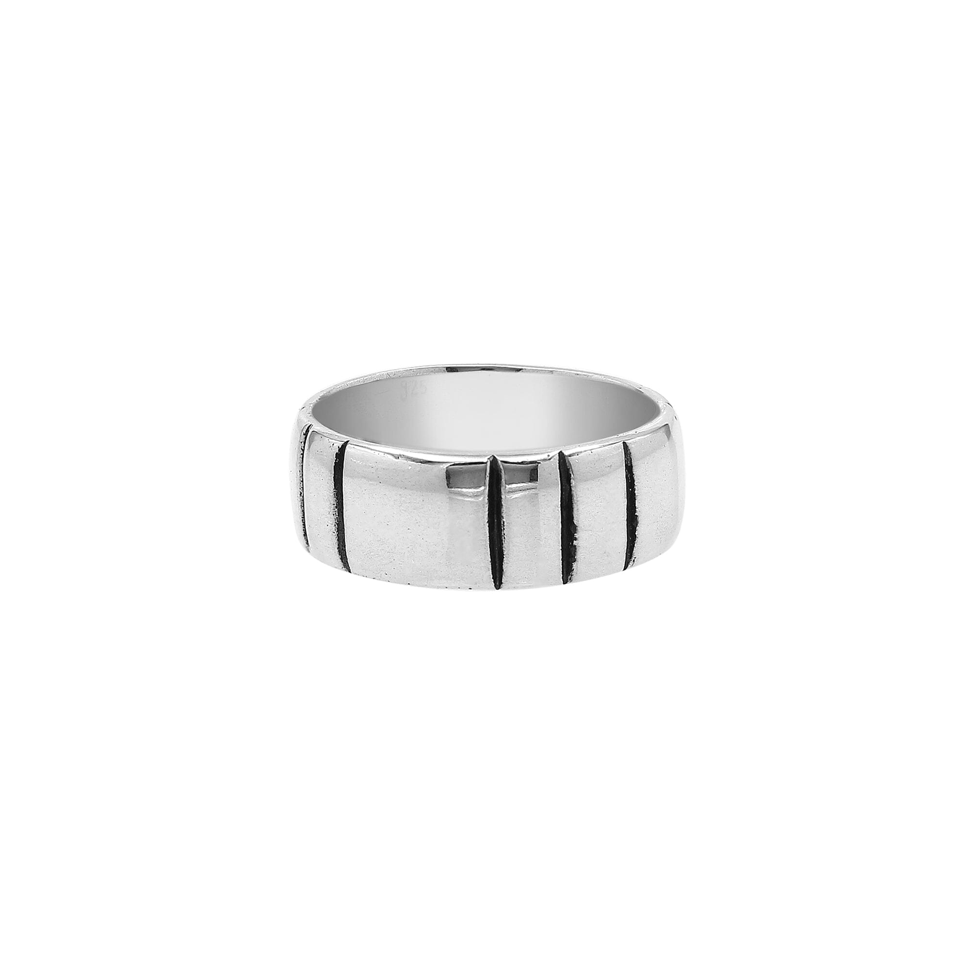 Sterling silver wide band ring with vertical oxidized stripes, unisex 925 silver jewelry for men and women, handcrafted modern fashion ring.