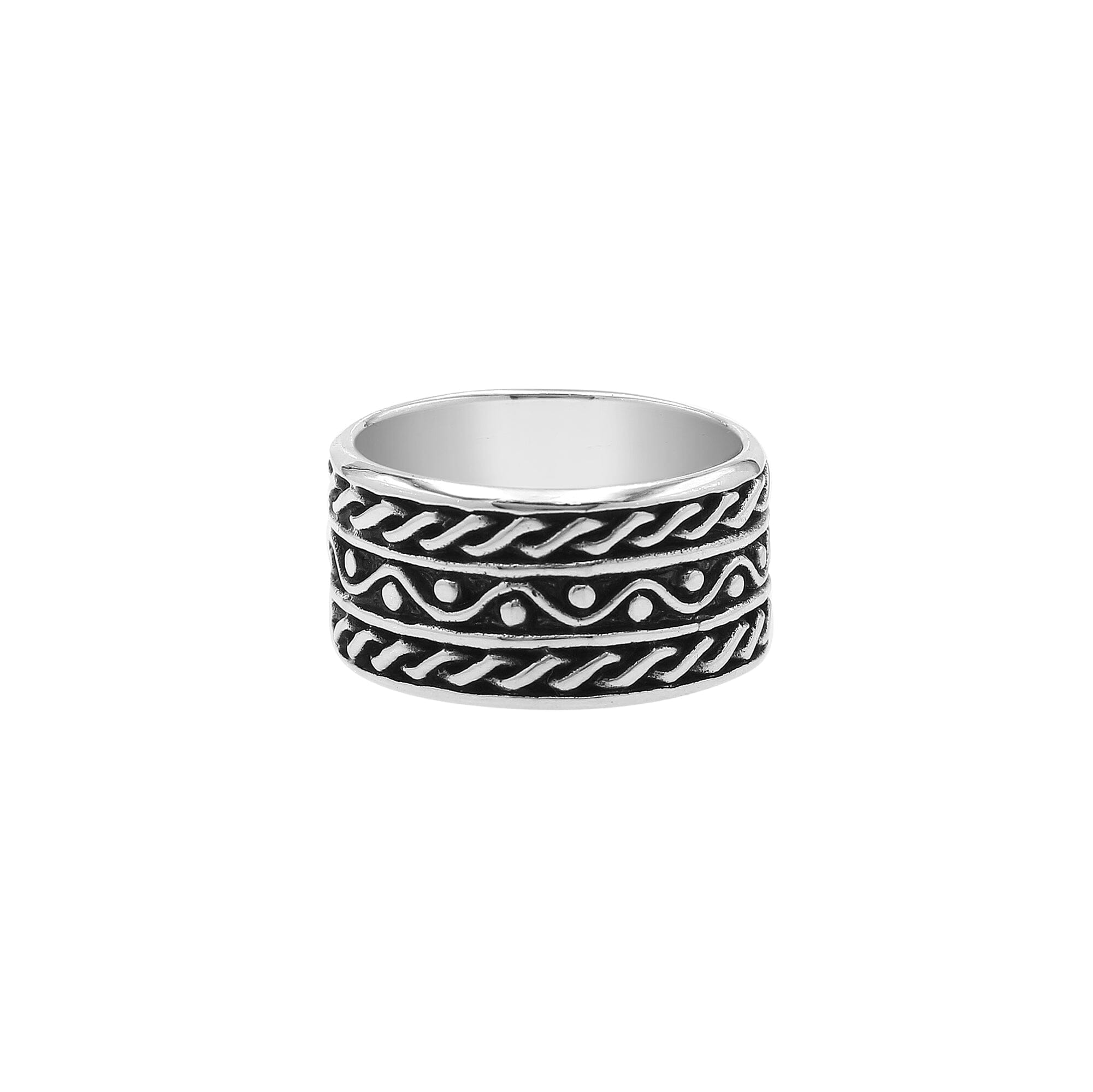 Sterling silver wide band ring with rope and dot oxidized details, handcrafted unisex 925 silver jewelry for men and women in boho style.