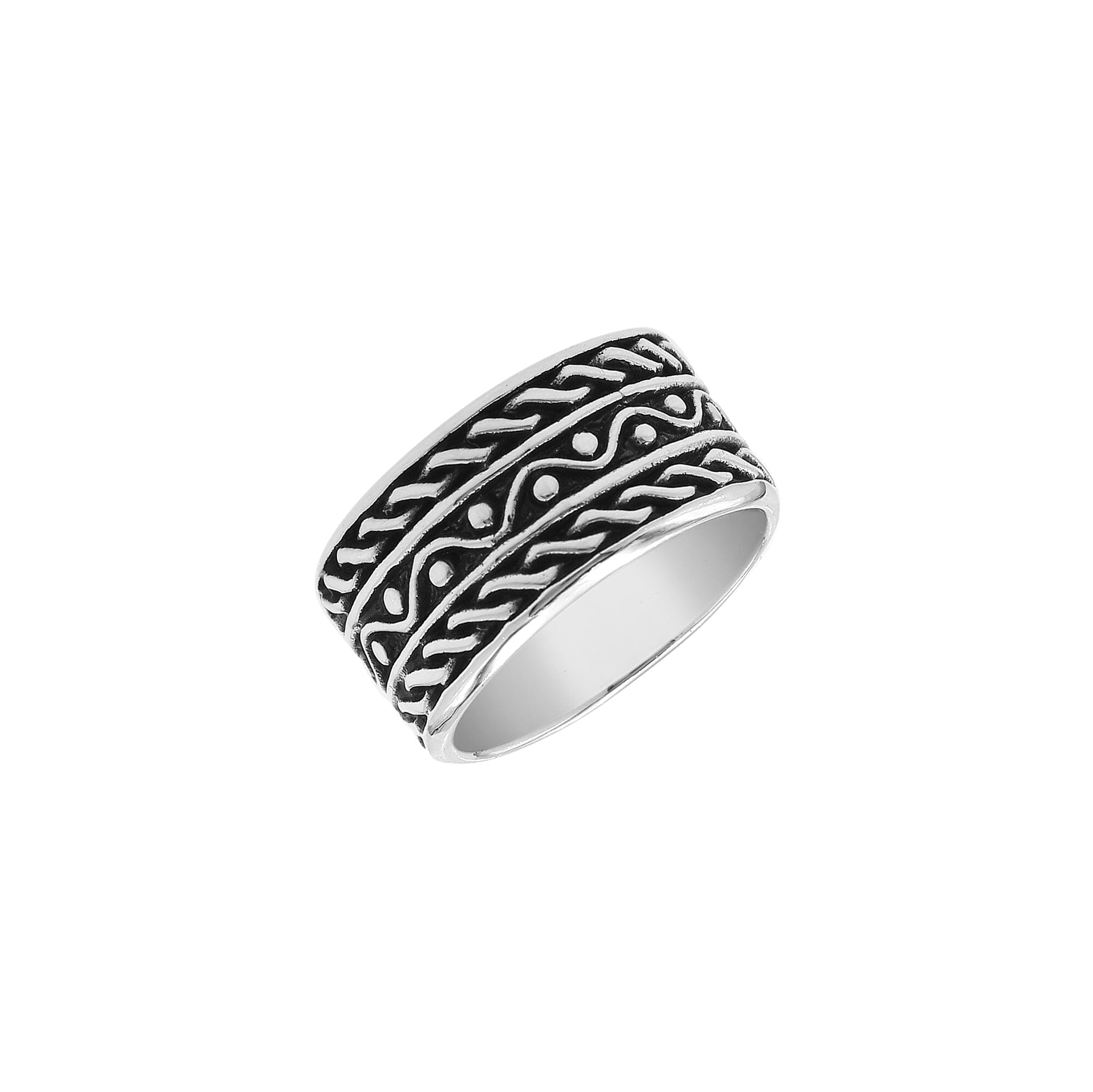 Sterling silver wide band ring with rope and dot oxidized details, handcrafted unisex 925 silver jewelry for men and women in boho style.