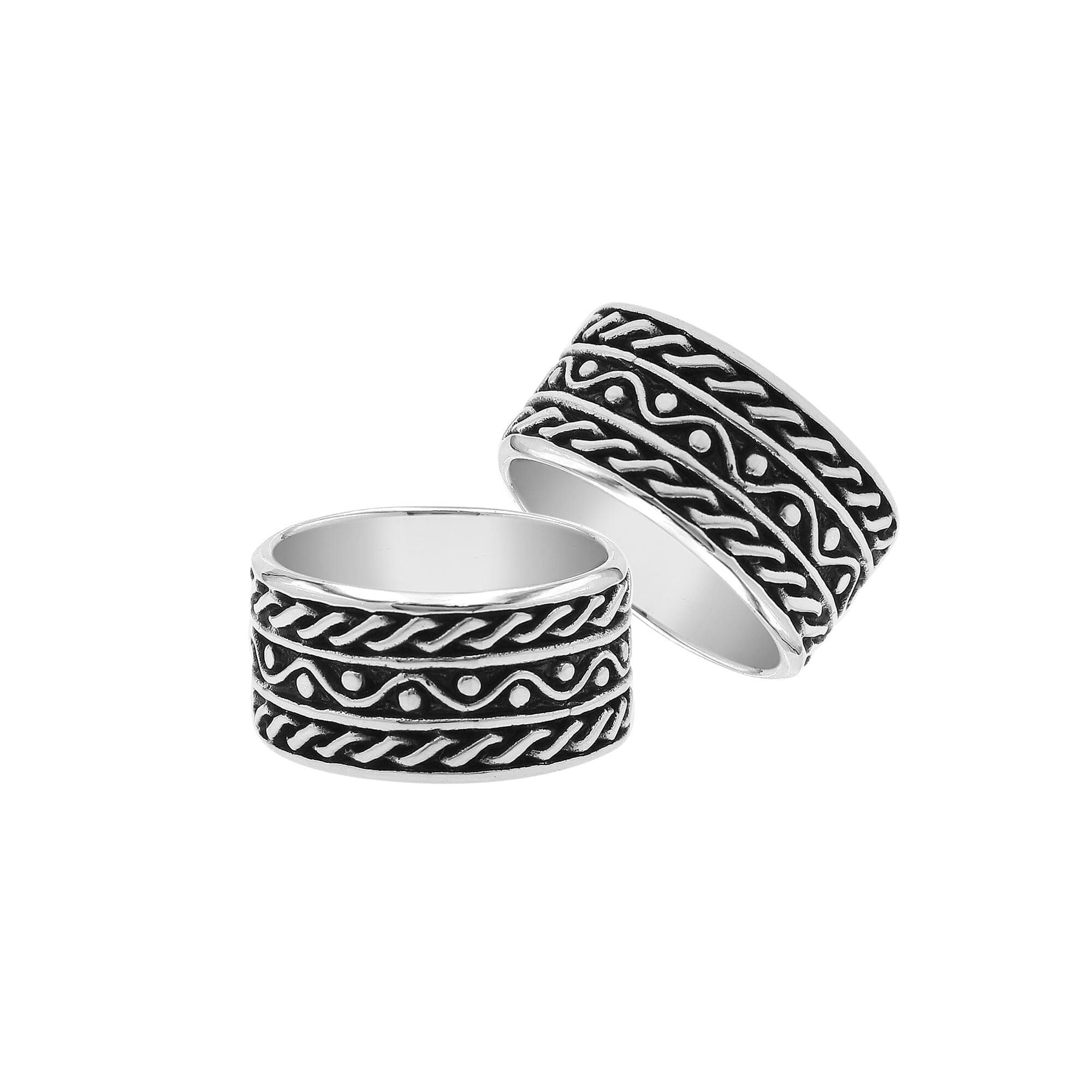 Sterling silver wide band ring with rope and dot oxidized details, handcrafted unisex 925 silver jewelry for men and women in boho style.