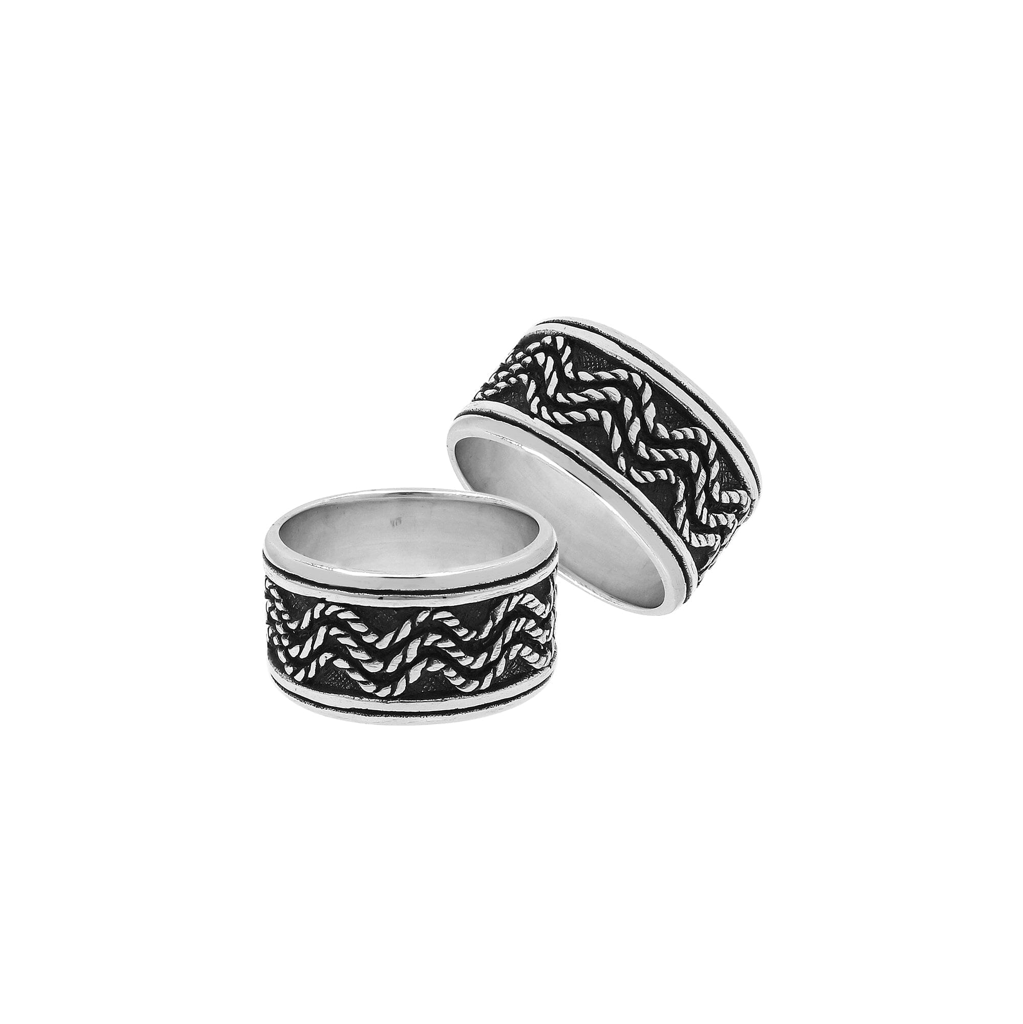 Sterling silver wide band ring with braided rope and oxidized details, handcrafted unisex 925 silver jewelry for men and women in boho style.