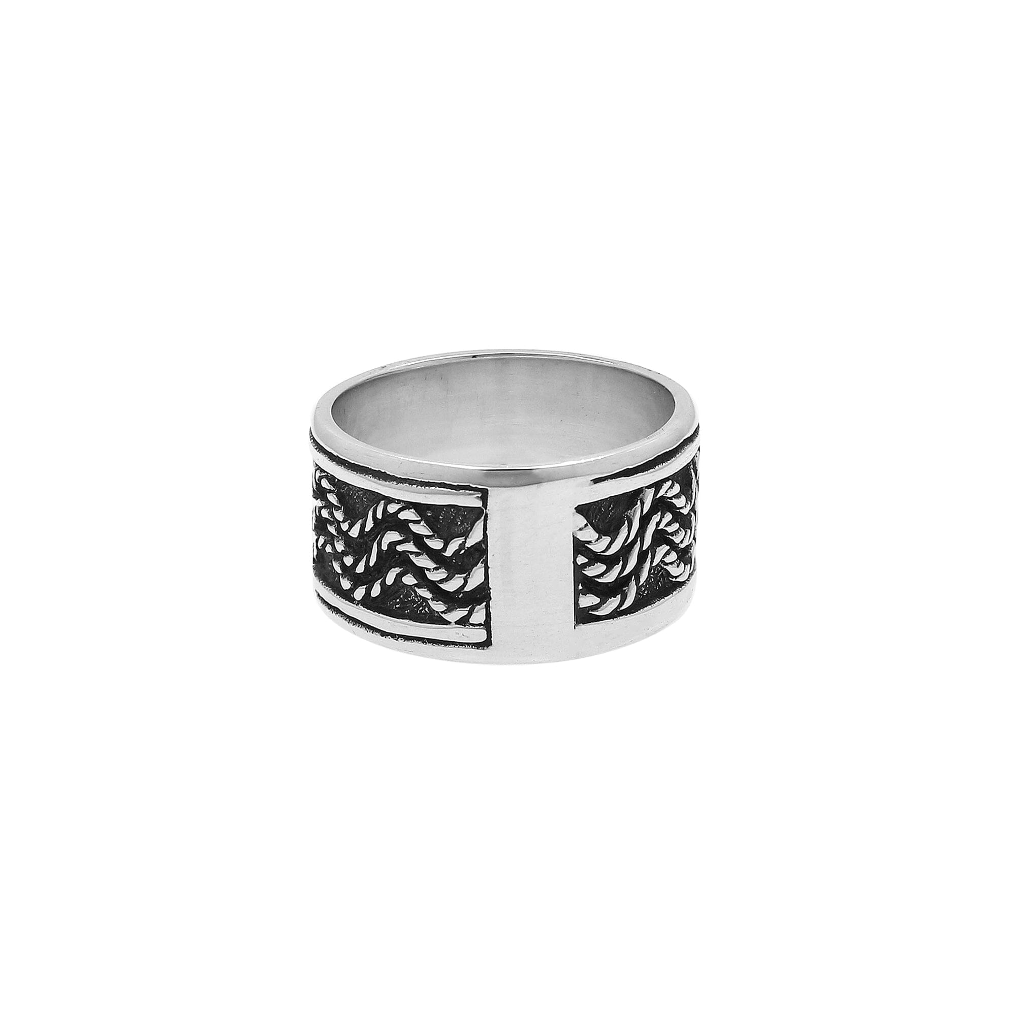 Sterling silver wide band ring with braided rope and oxidized details, handcrafted unisex 925 silver jewelry for men and women in boho style.