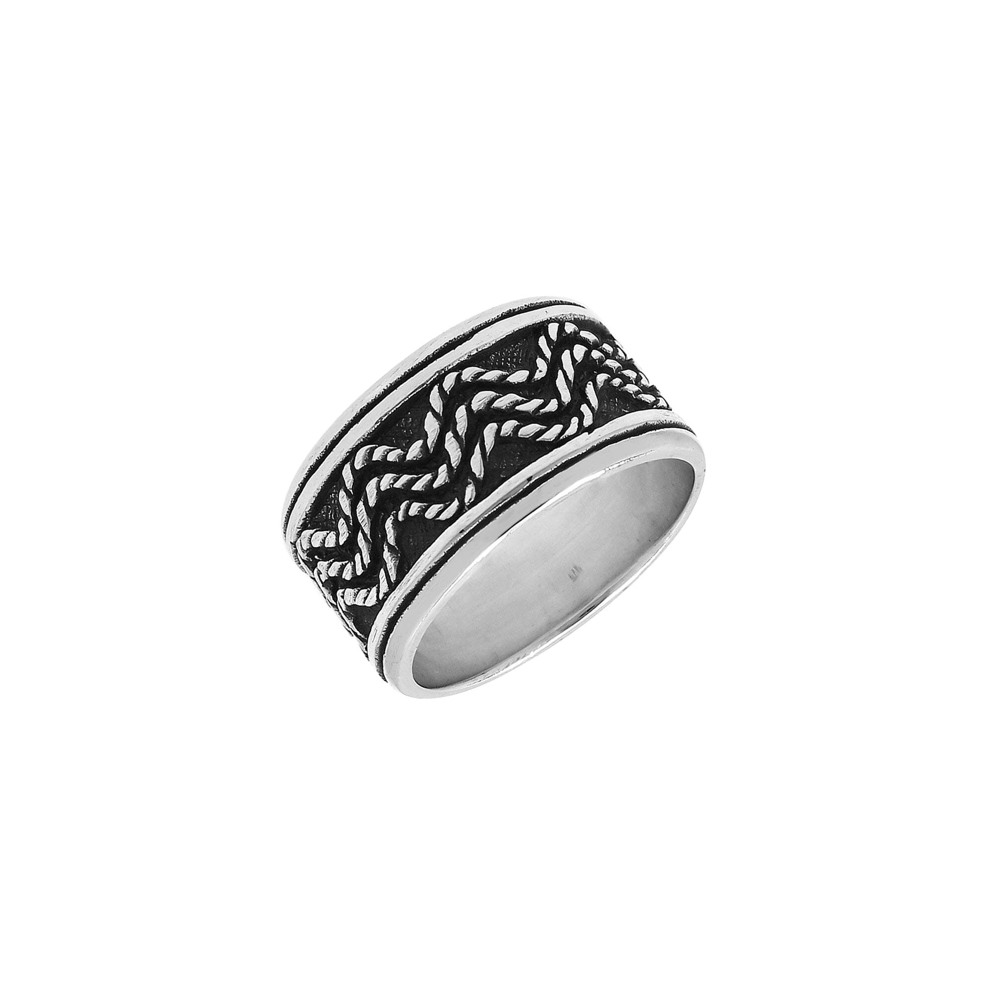 Sterling silver wide band ring with braided rope and oxidized details, handcrafted unisex 925 silver jewelry for men and women in boho style.
