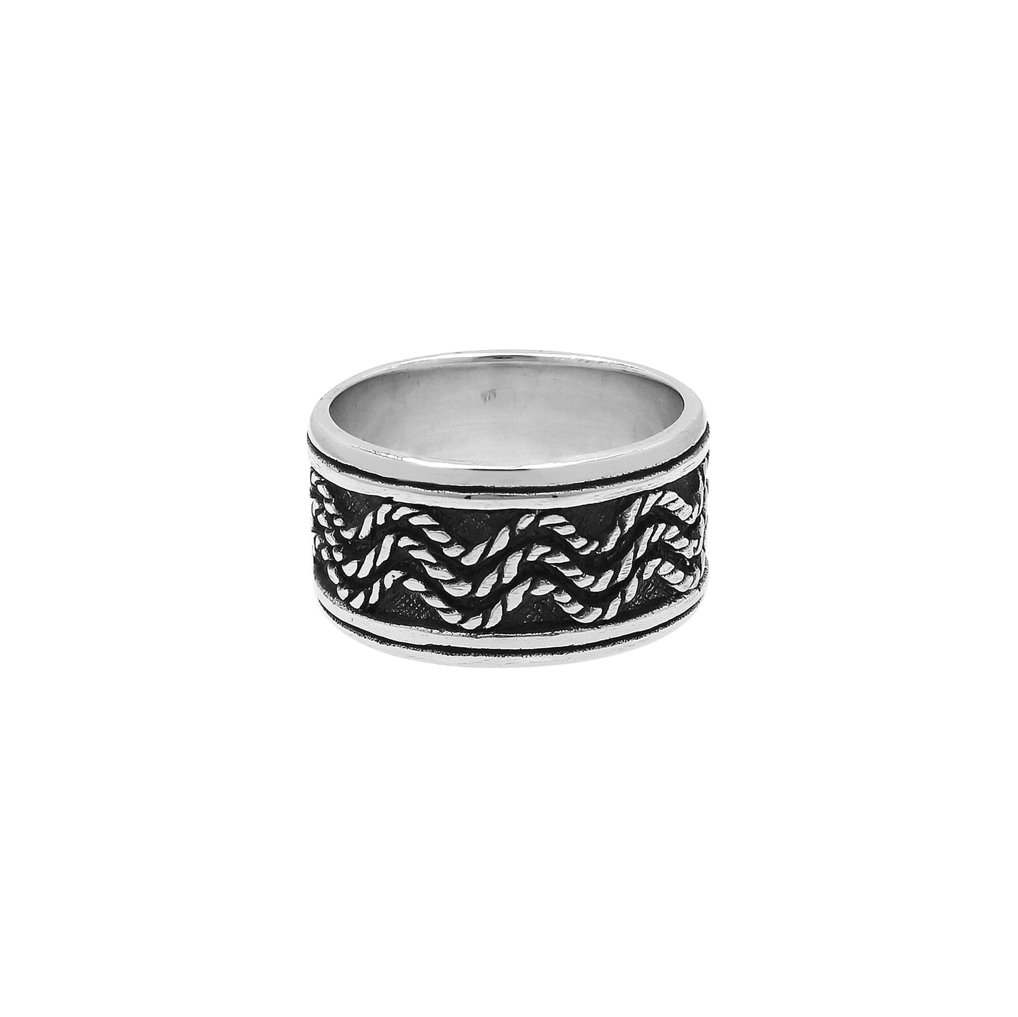 Sterling silver wide band ring with braided rope and oxidized details, handcrafted unisex 925 silver jewelry for men and women in boho style.
