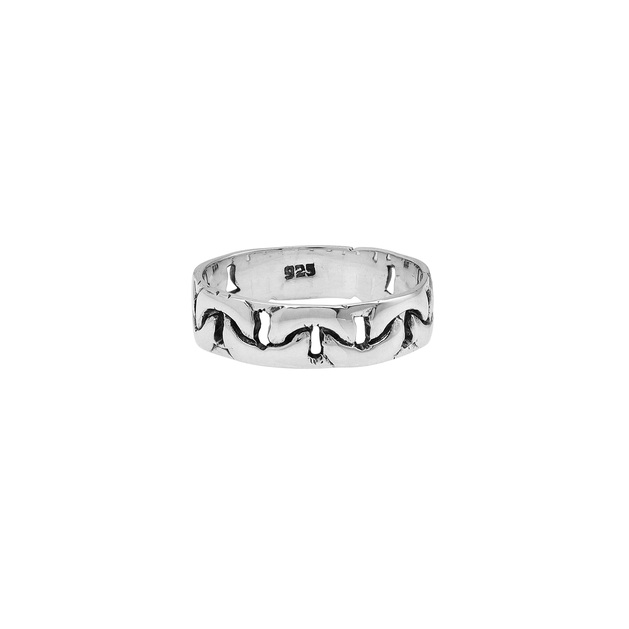 Sterling silver band ring with wavy oxidized pattern, handcrafted unisex 925 silver jewelry for men and women, perfect for everyday wear or gifting.