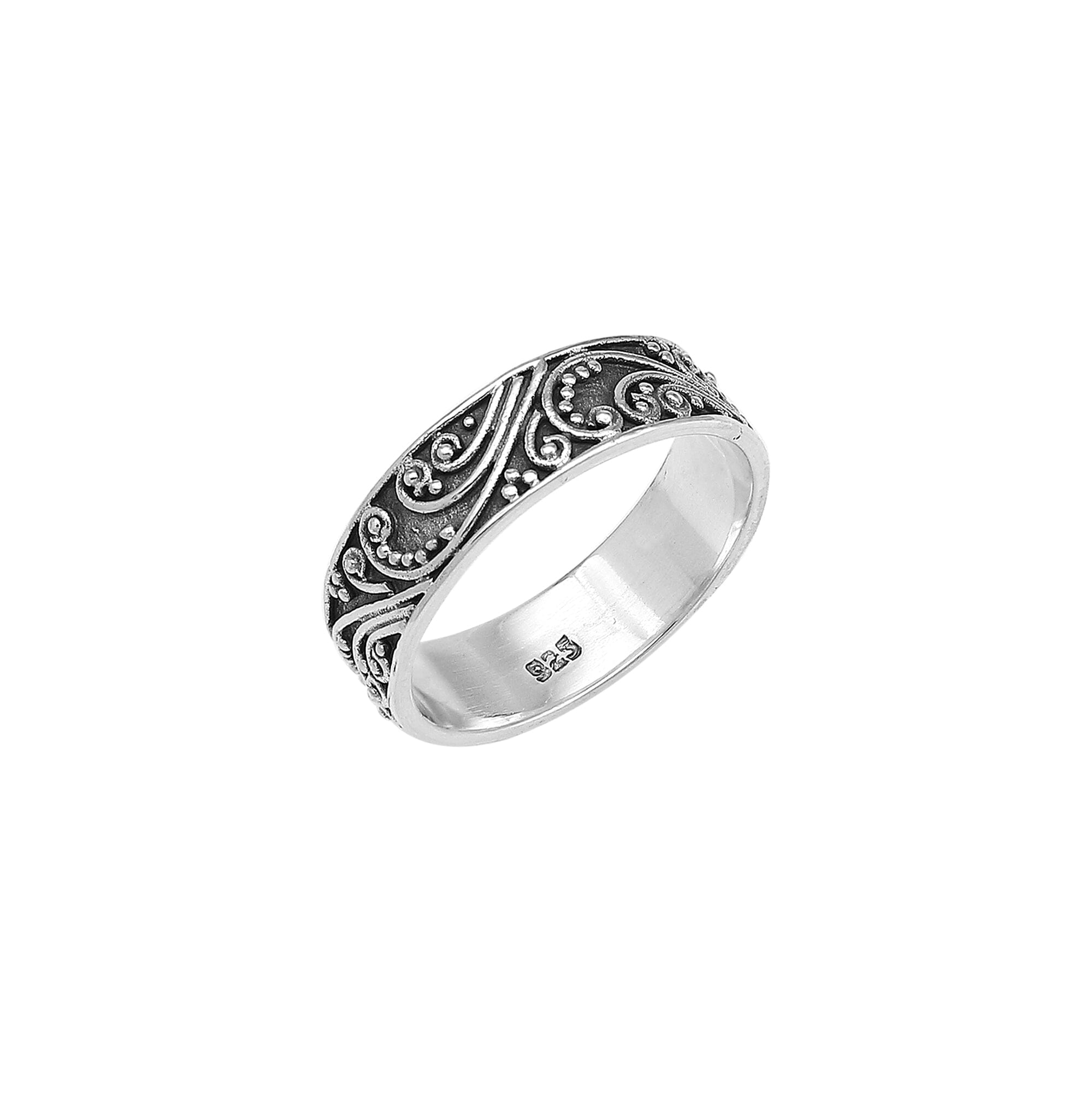Sterling silver band ring with swirl and scroll oxidized design, handcrafted unisex 925 silver jewelry for men and women, perfect for daily wear or gifting.