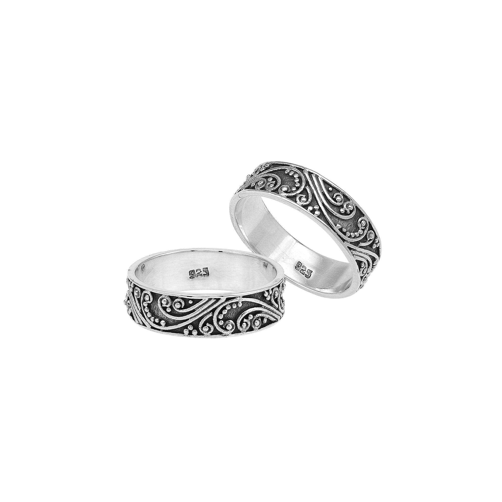 Sterling silver band ring with swirl and scroll oxidized design, handcrafted unisex 925 silver jewelry for men and women, perfect for daily wear or gifting.