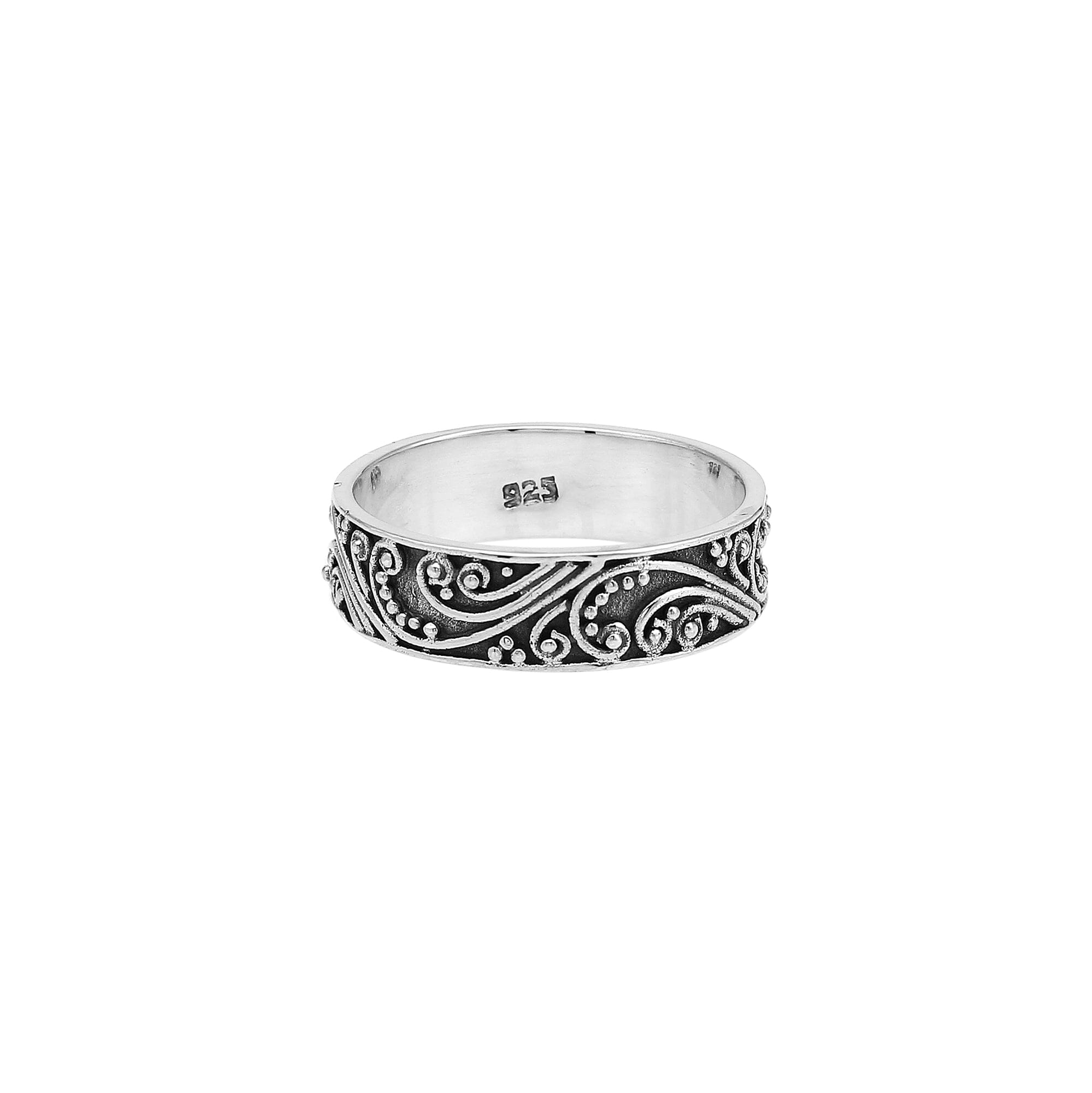 Sterling silver band ring with swirl and scroll oxidized design, handcrafted unisex 925 silver jewelry for men and women, perfect for daily wear or gifting.