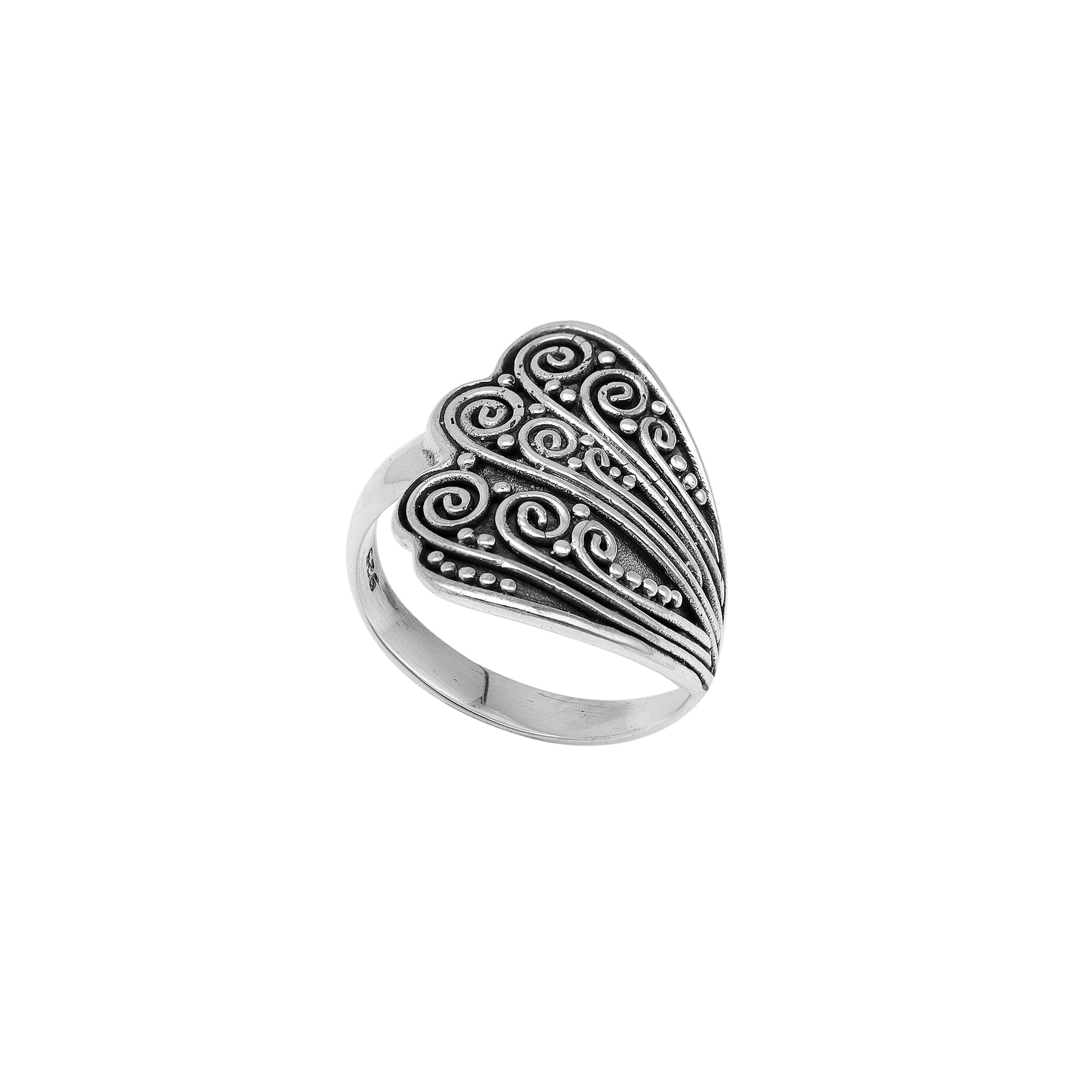 Sterling silver adjustable ring with elegant Balinese swirl and dot design, handcrafted artisan jewelry for everyday style.