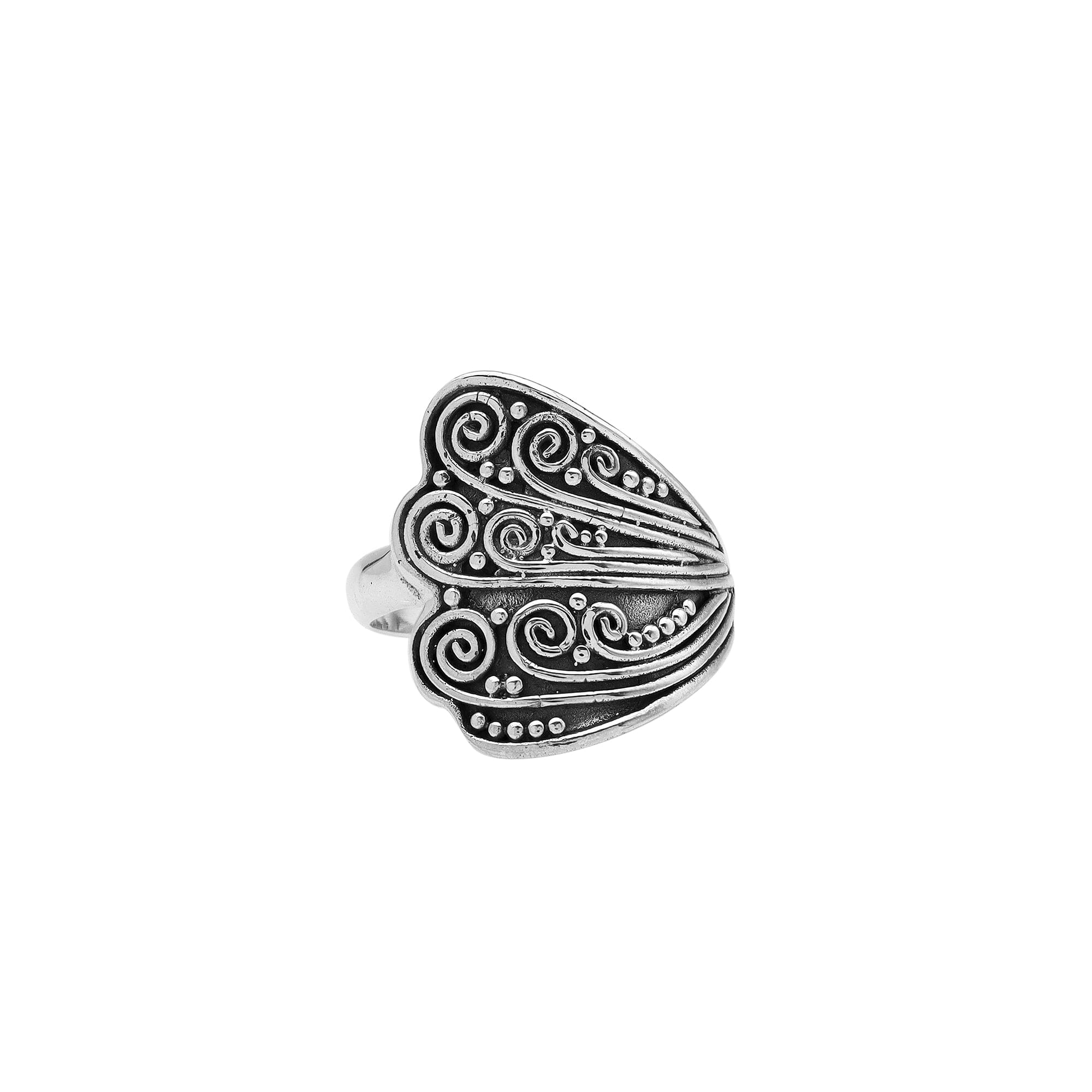 Sterling silver adjustable ring with elegant Balinese swirl and dot design, handcrafted artisan jewelry for everyday style.