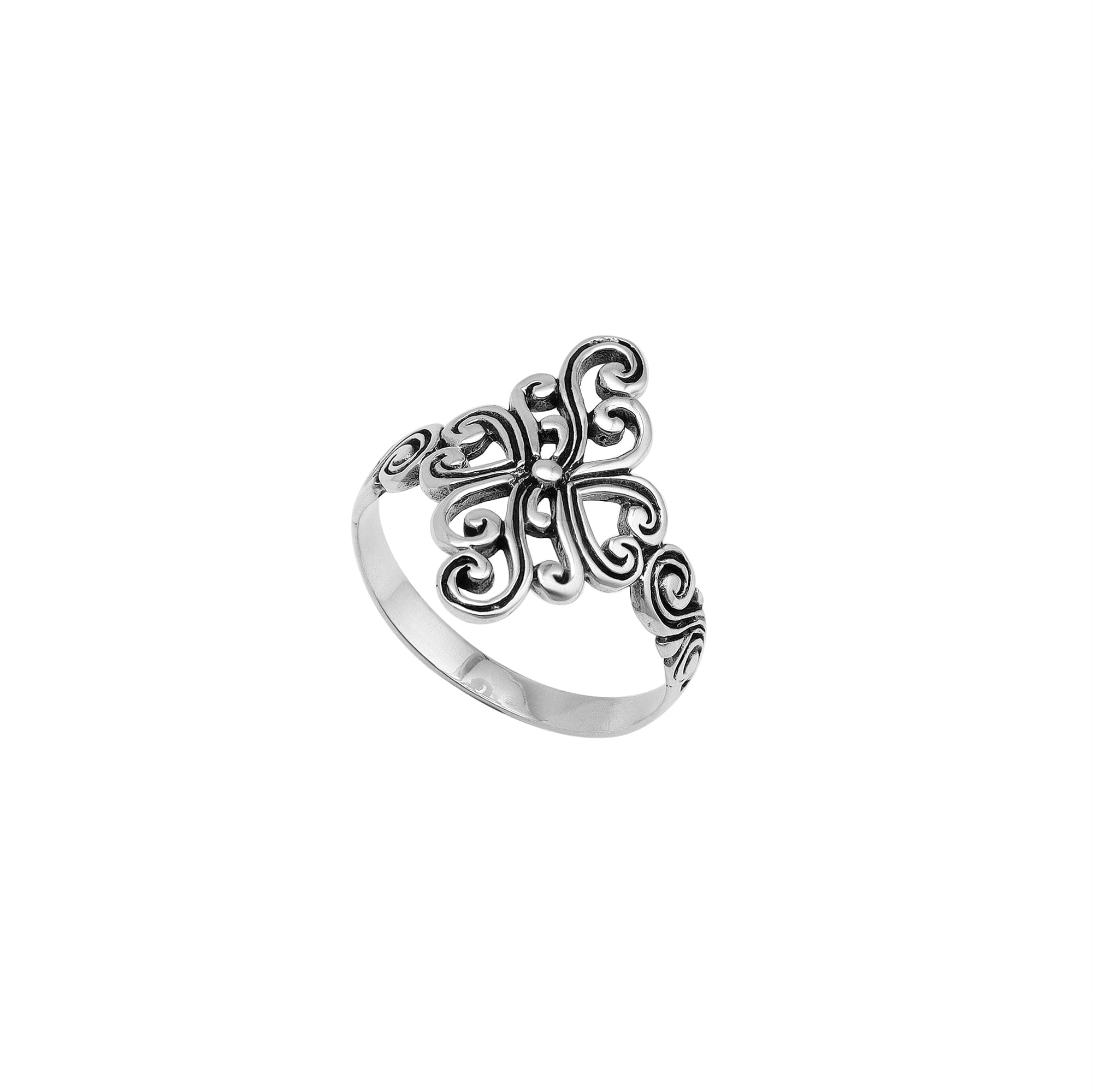 Sterling silver adjustable ring with elegant floral swirl design, handcrafted Balinese artisan jewelry for everyday wear.