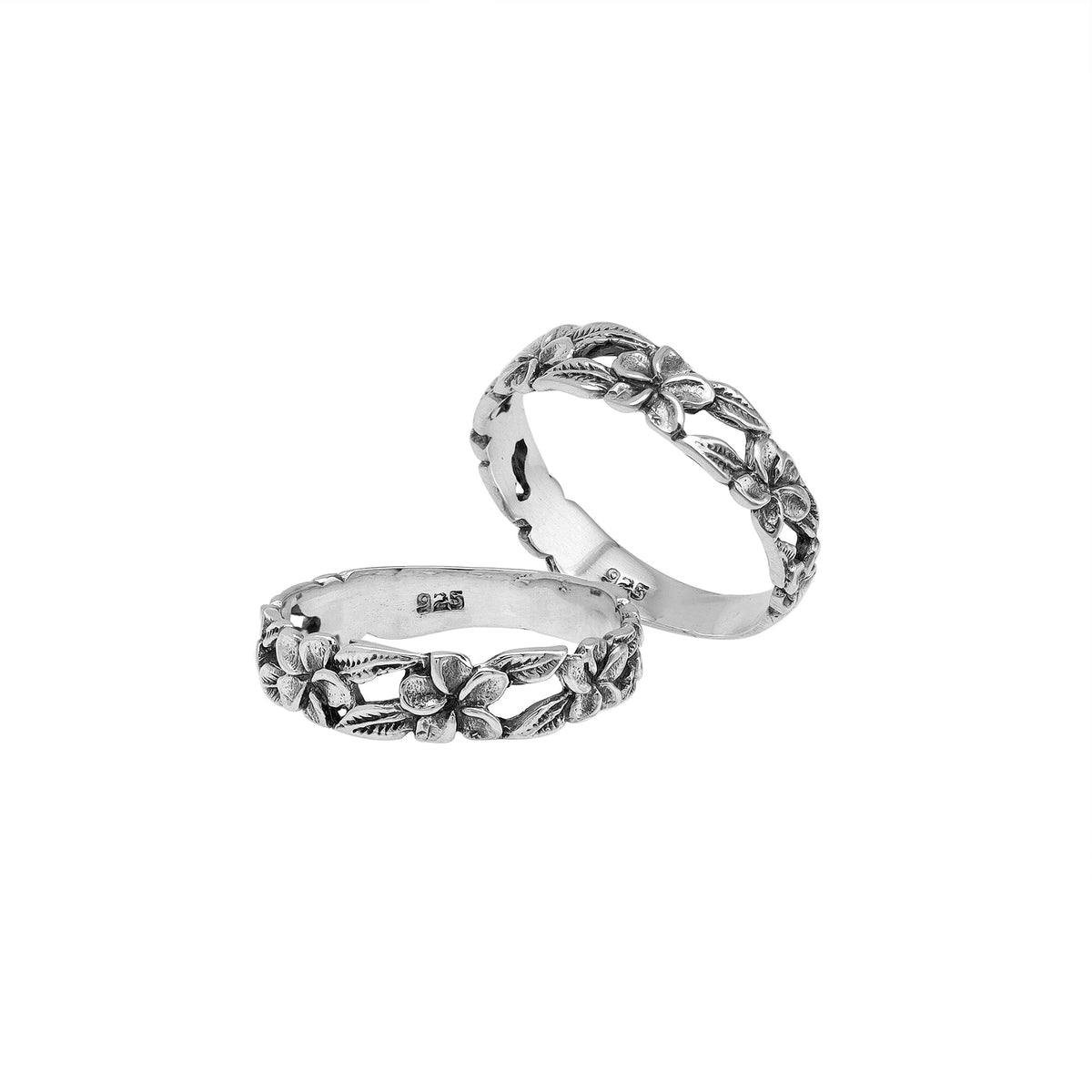 Sterling silver plumeria flower band ring with delicate leaf details, handcrafted Bali jewelry for everyday wear or gifting.