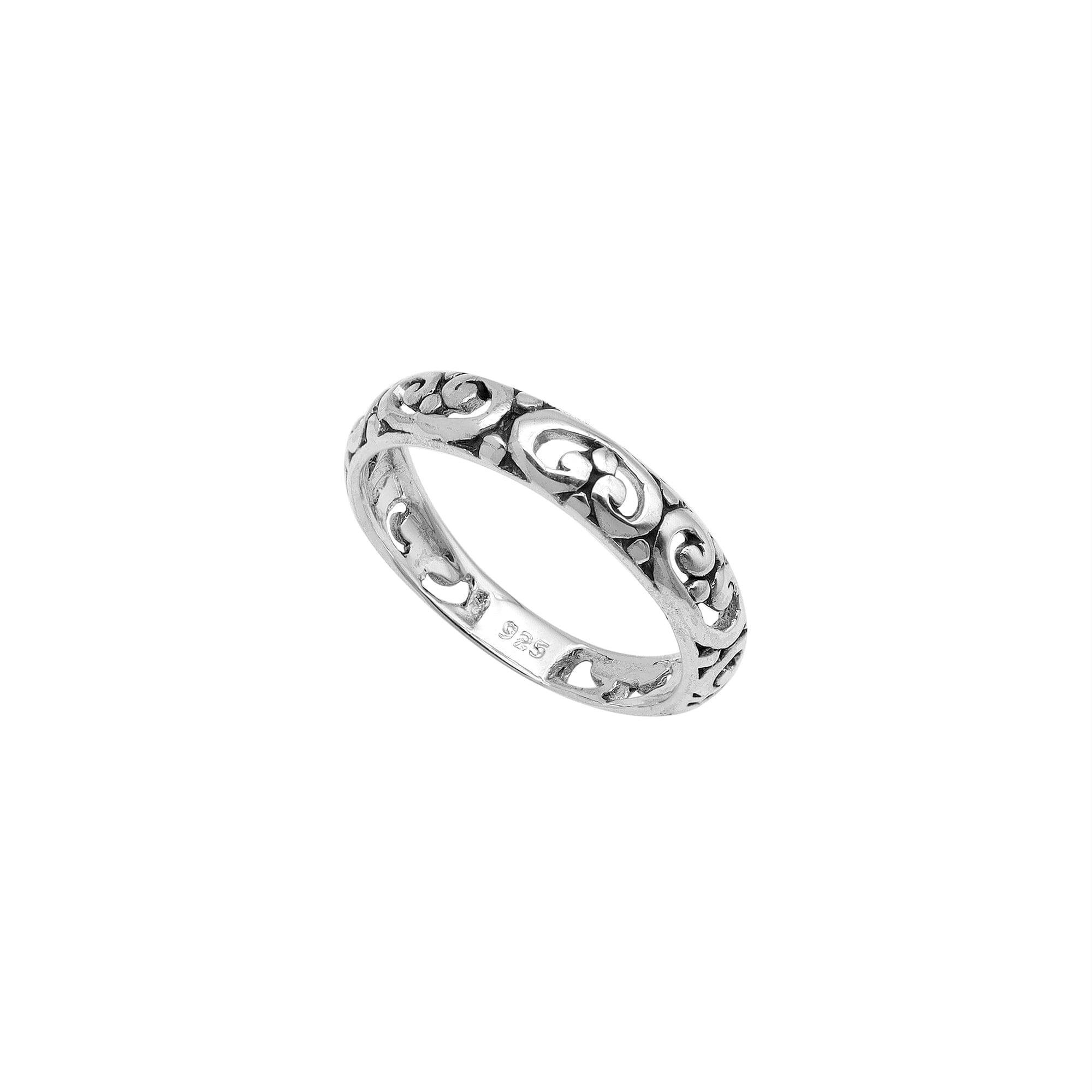 Sterling silver filigree band ring with elegant Balinese scroll design, handcrafted artisan jewelry for everyday wear.