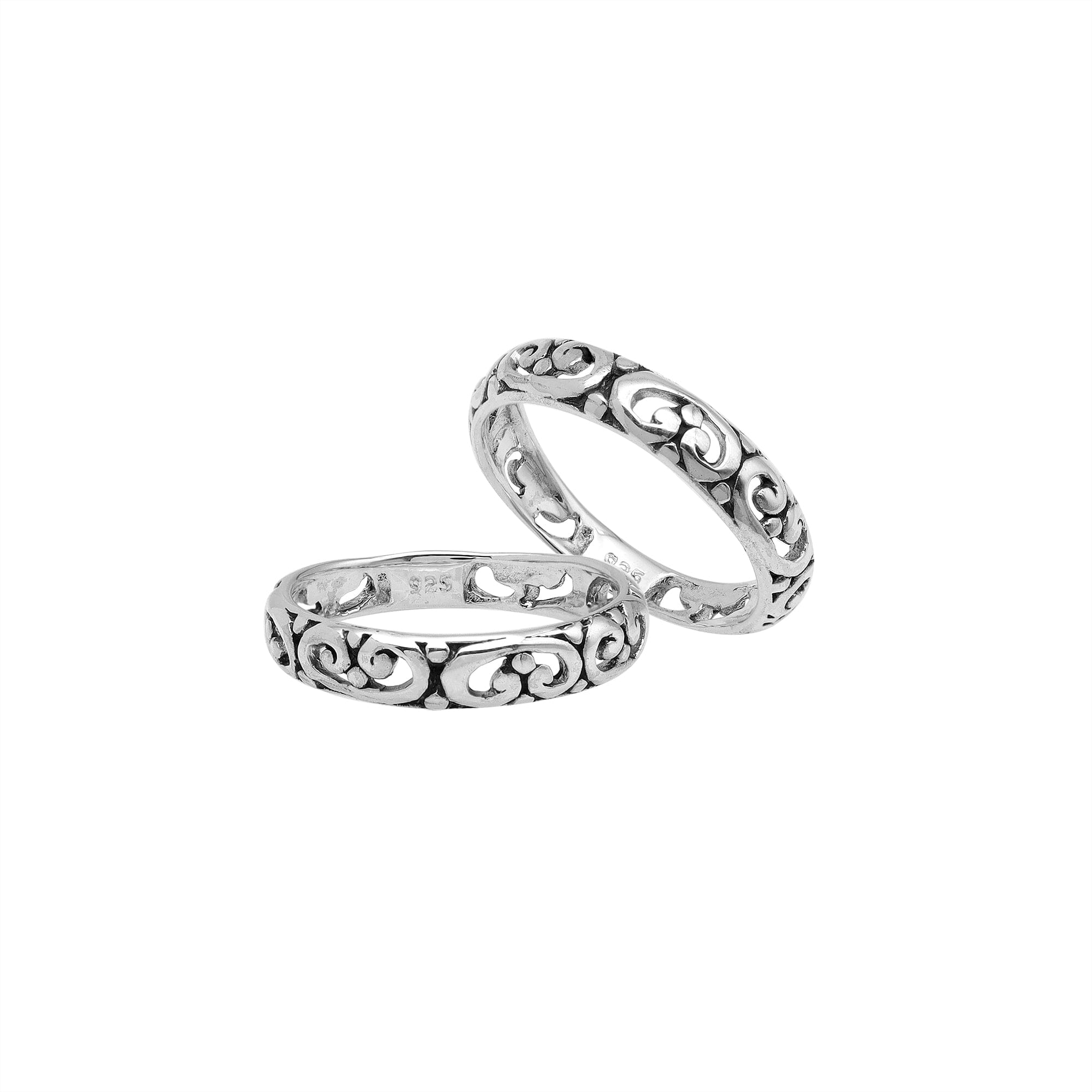 Sterling silver filigree band ring with elegant Balinese scroll design, handcrafted artisan jewelry for everyday wear.