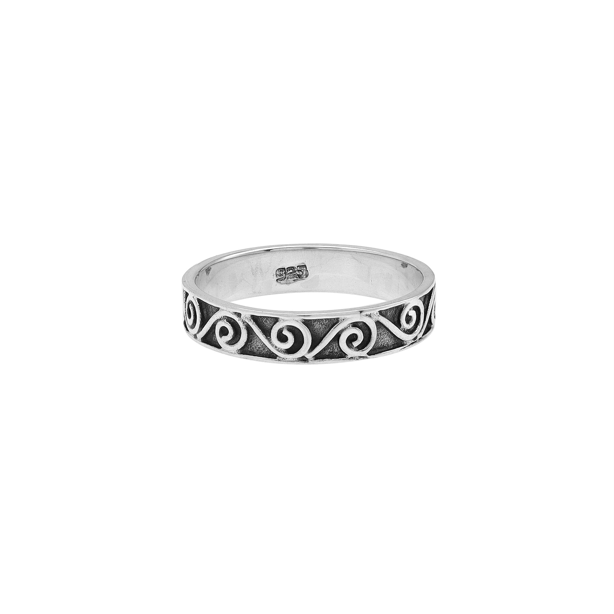 Sterling silver spiral scroll band ring, handcrafted Balinese jewelry for everyday wear or stacking style.