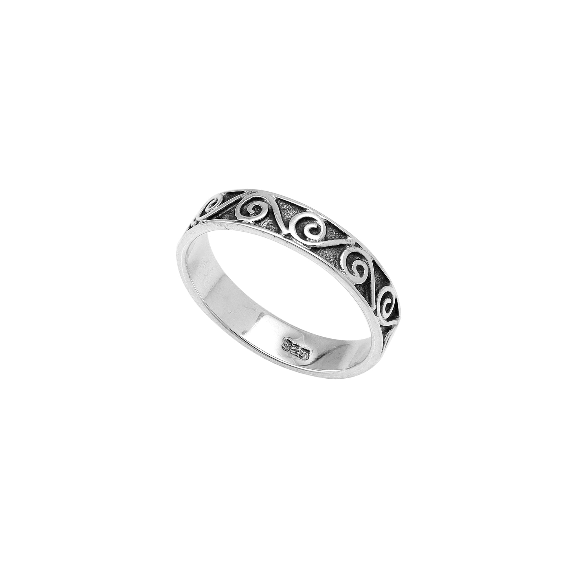 Sterling silver spiral scroll band ring, handcrafted Balinese jewelry for everyday wear or stacking style.