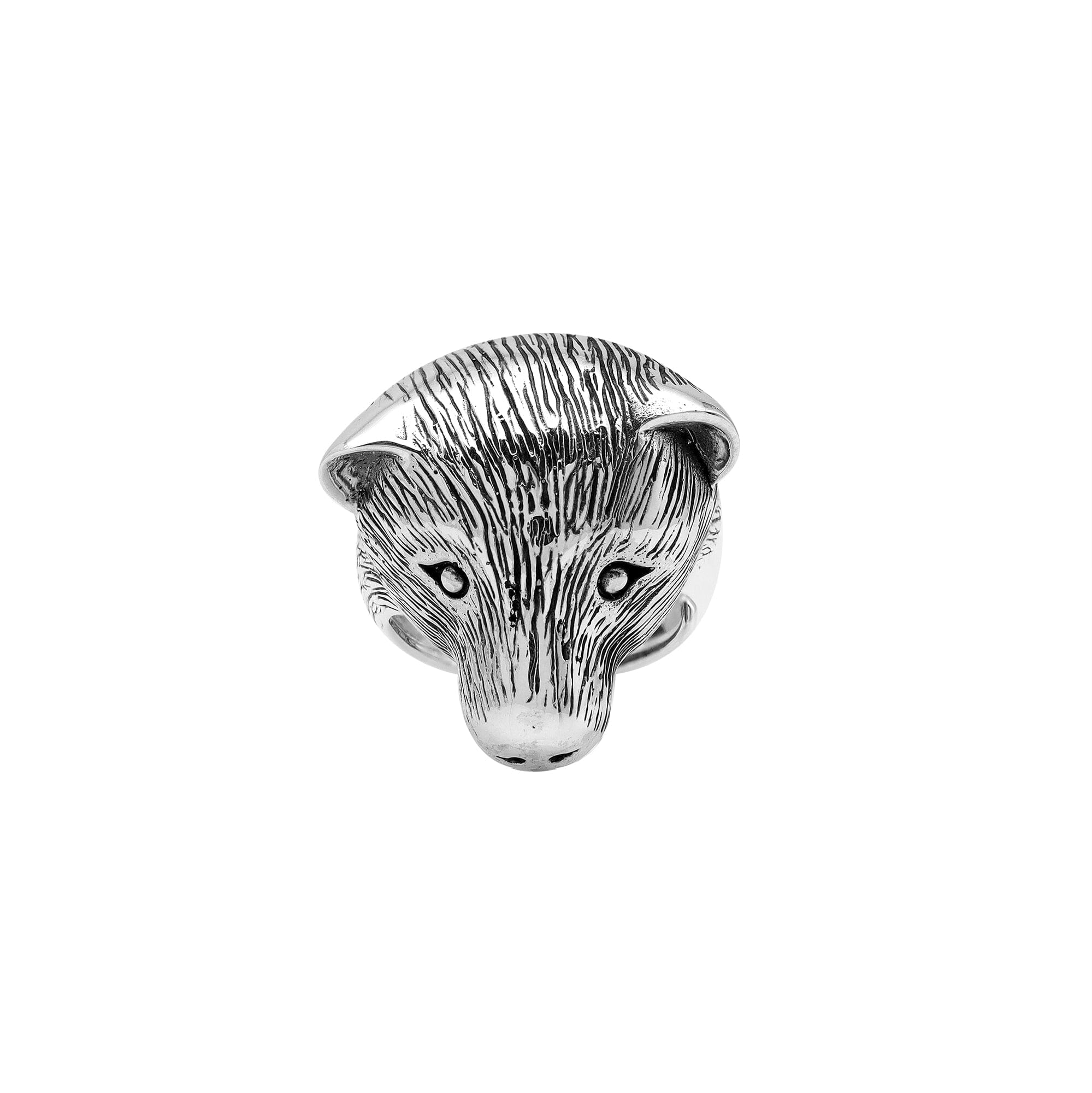 Sterling silver bear head ring with detailed 3D design, handcrafted men’s statement jewelry symbolizing strength and courage.