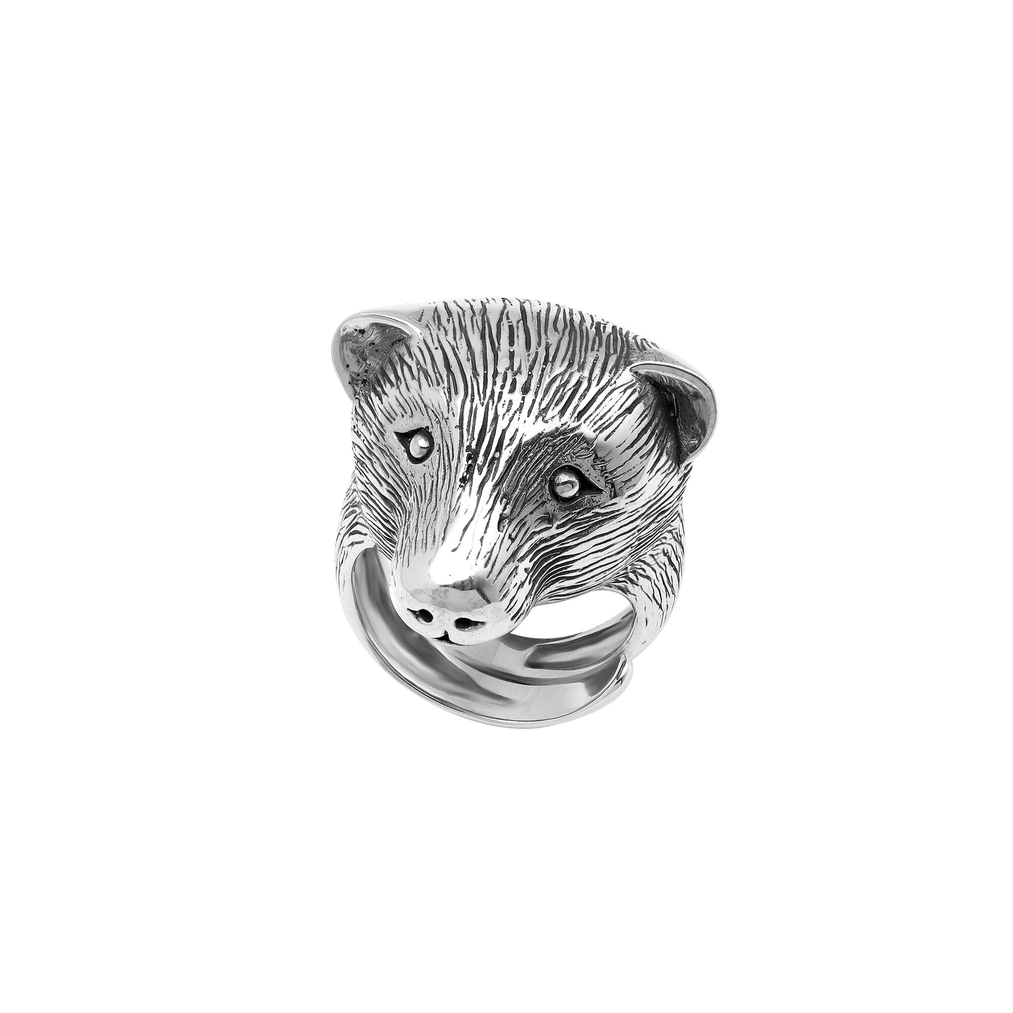 Sterling silver bear head ring with detailed 3D design, handcrafted men’s statement jewelry symbolizing strength and courage.