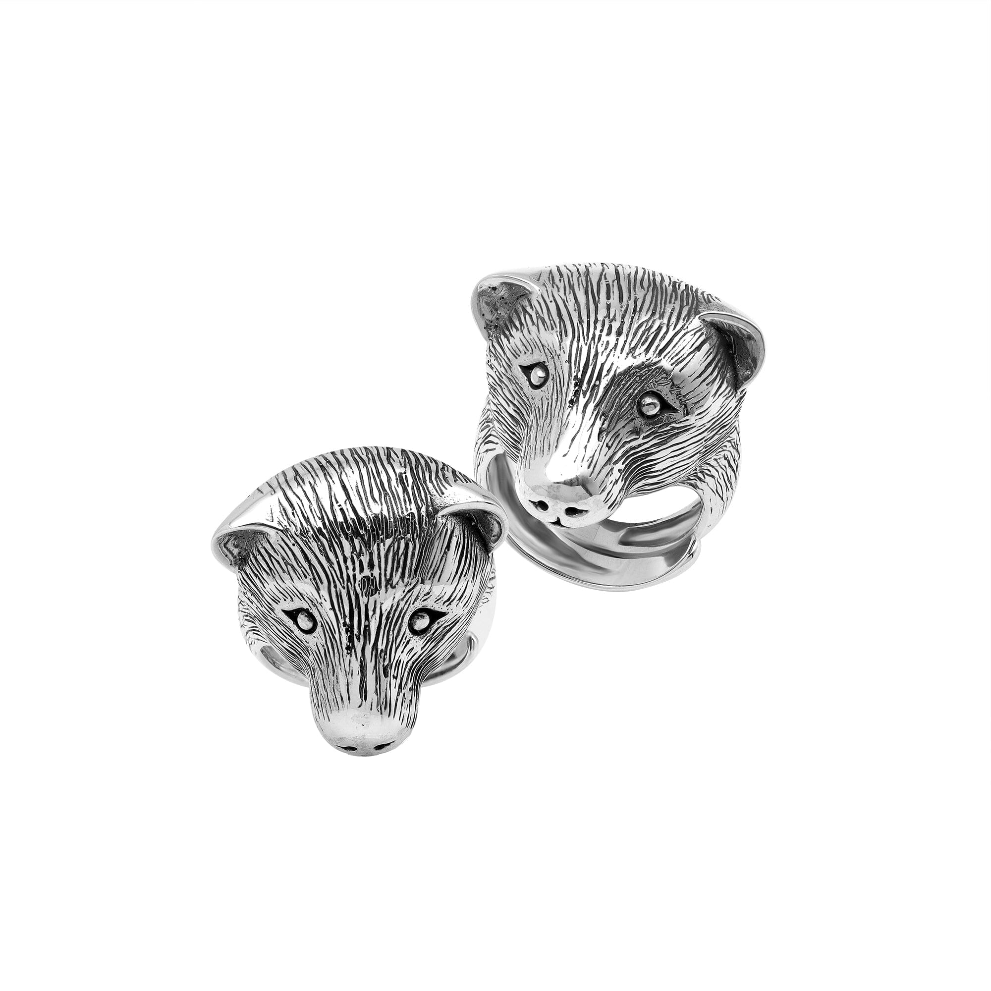 Sterling silver bear head ring with detailed 3D design, handcrafted men’s statement jewelry symbolizing strength and courage.