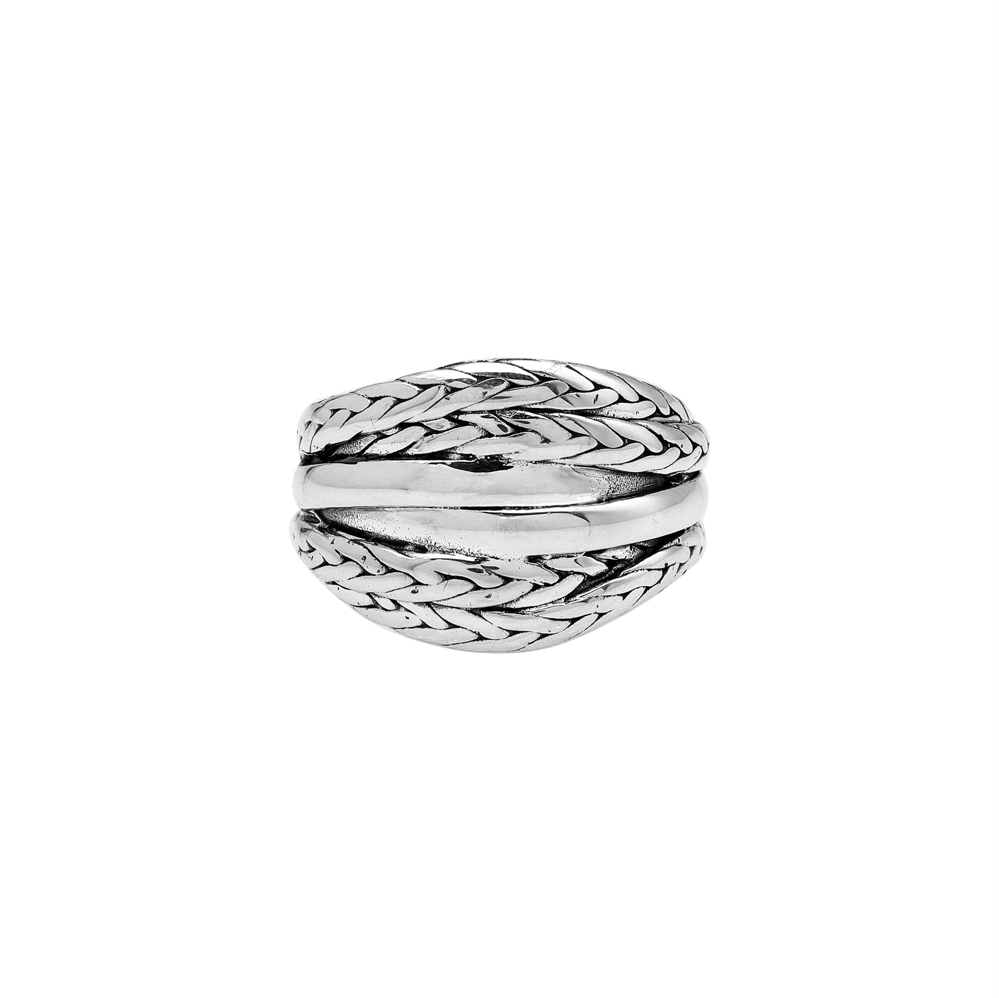 Sterling silver braided dome ring with rope and polished band design, handcrafted artisan jewelry for bold everyday style.