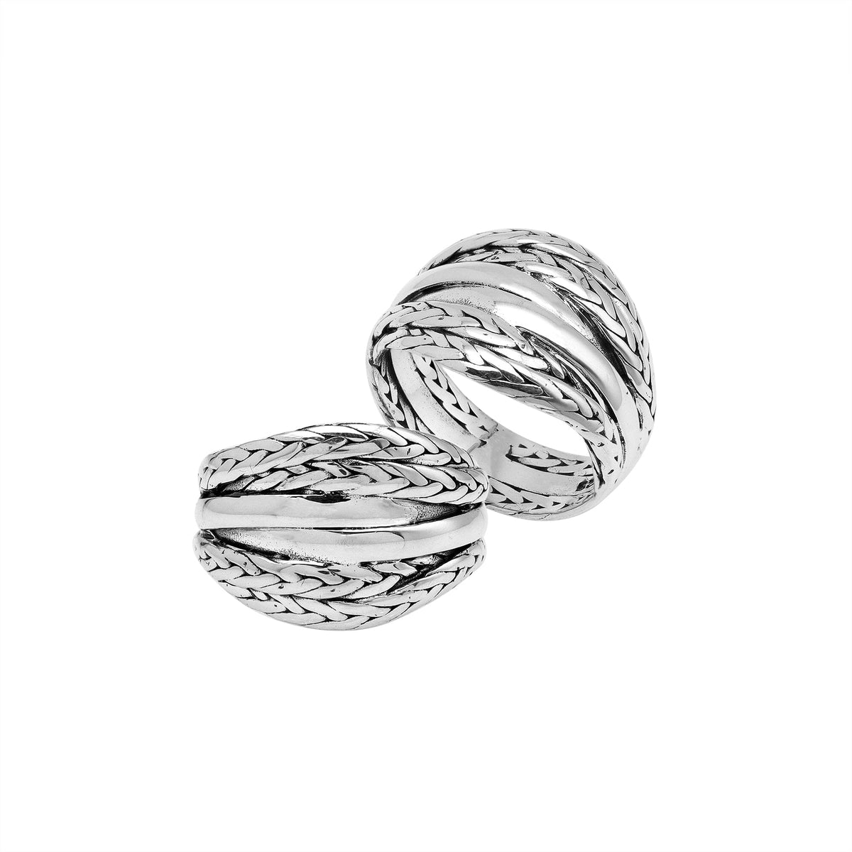 Sterling silver braided dome ring with rope and polished band design, handcrafted artisan jewelry for bold everyday style.
