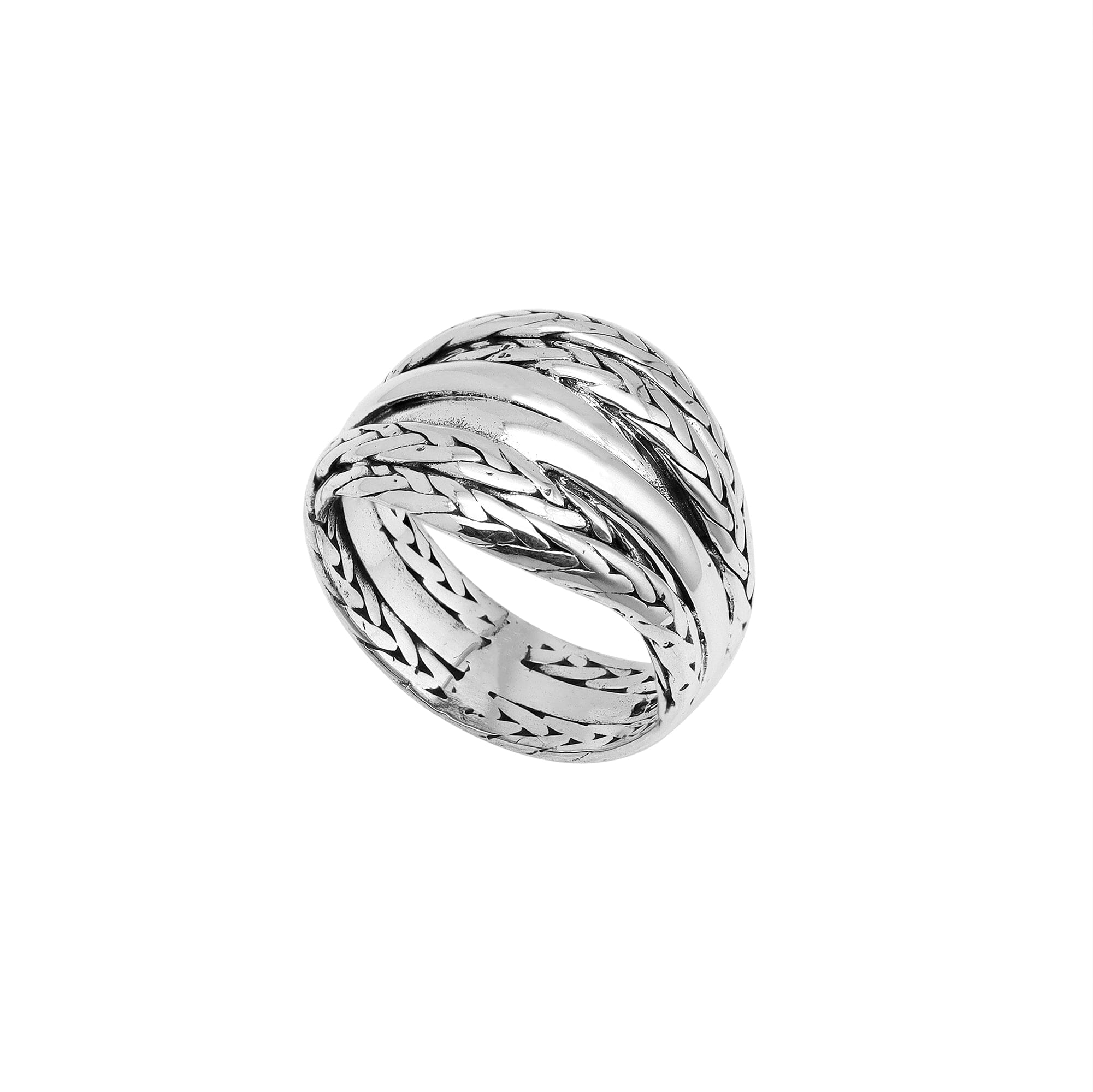 Sterling silver braided dome ring with rope and polished band design, handcrafted artisan jewelry for bold everyday style.