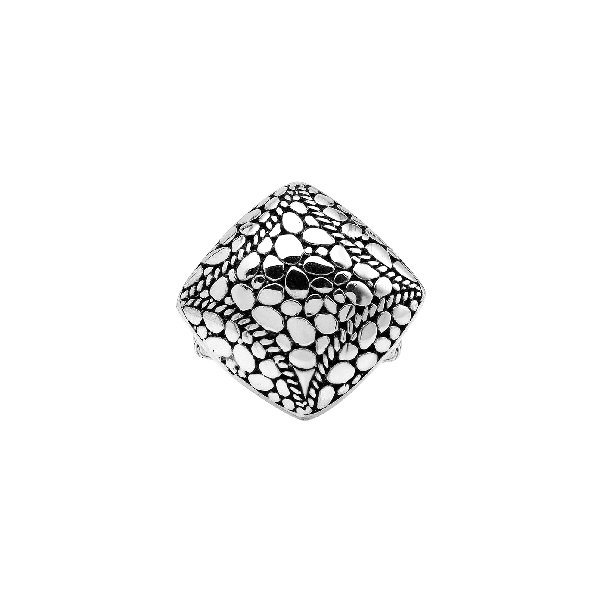 Sterling silver cushion dome ring with intricate Balinese dot design, handcrafted artisan statement jewelry.