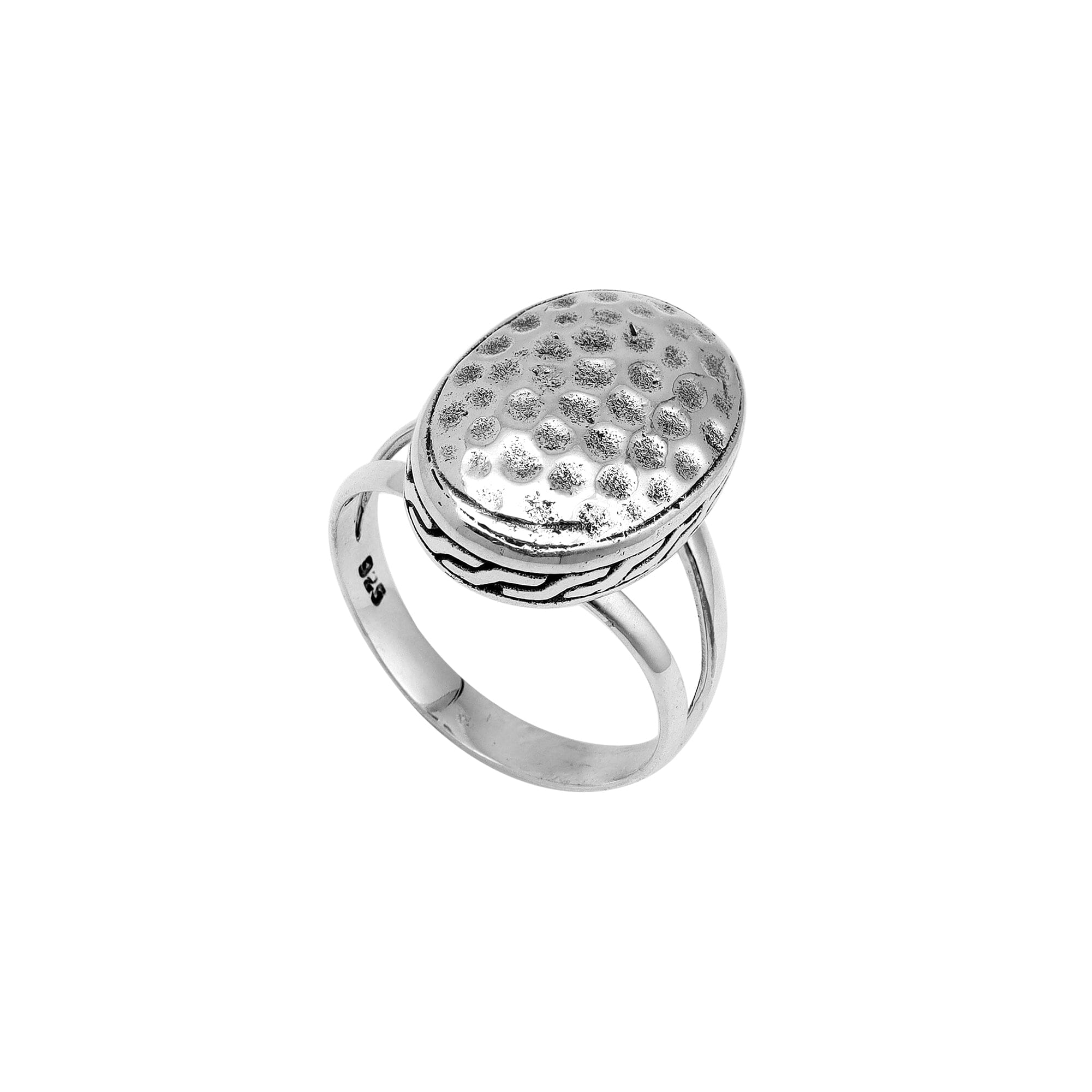 Sterling silver hammered oval statement ring, handcrafted Bali jewelry in 925 silver.