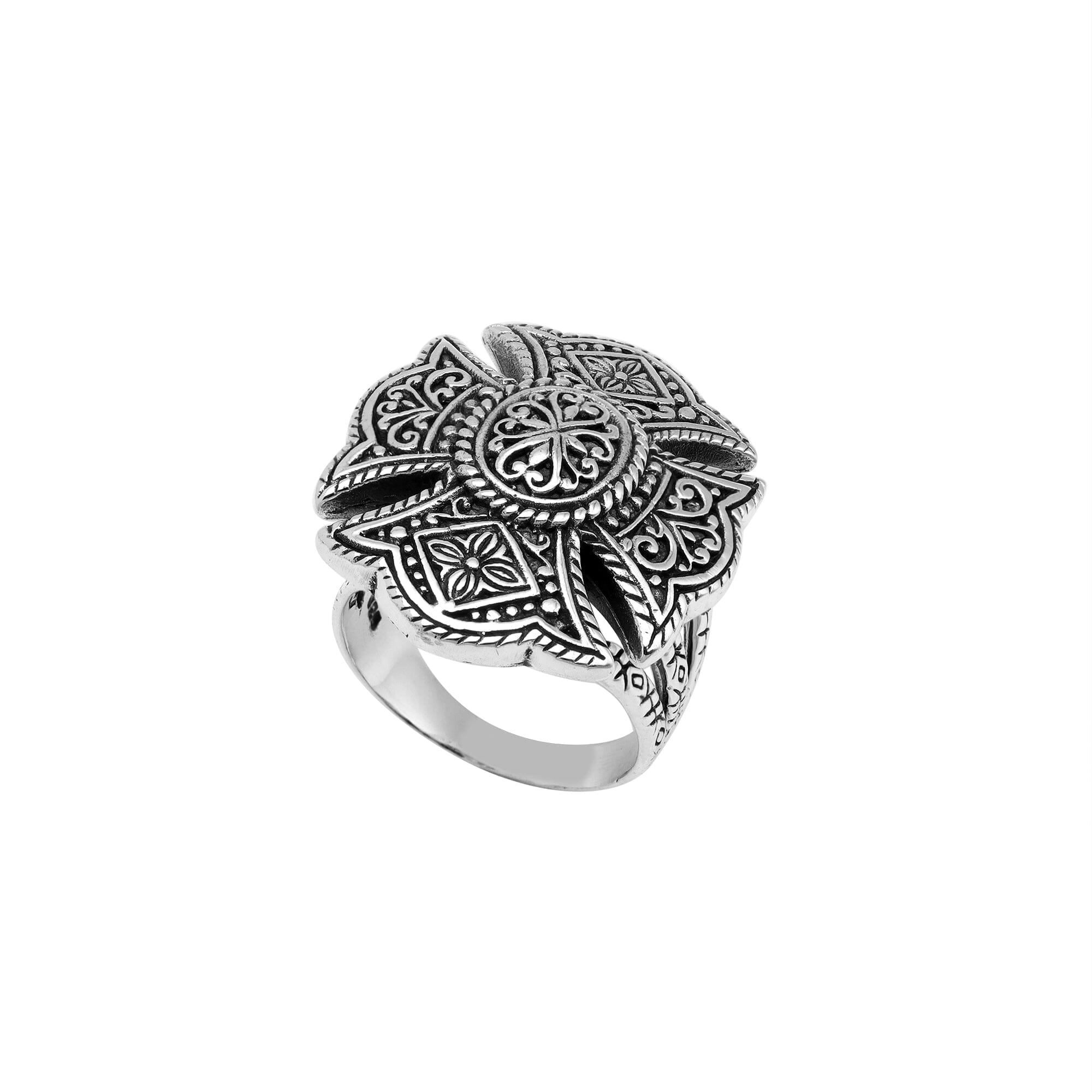 Handcrafted sterling silver statement ring with detailed Balinese floral mandala design and oxidized finish – unique boho vintage jewelry for women.