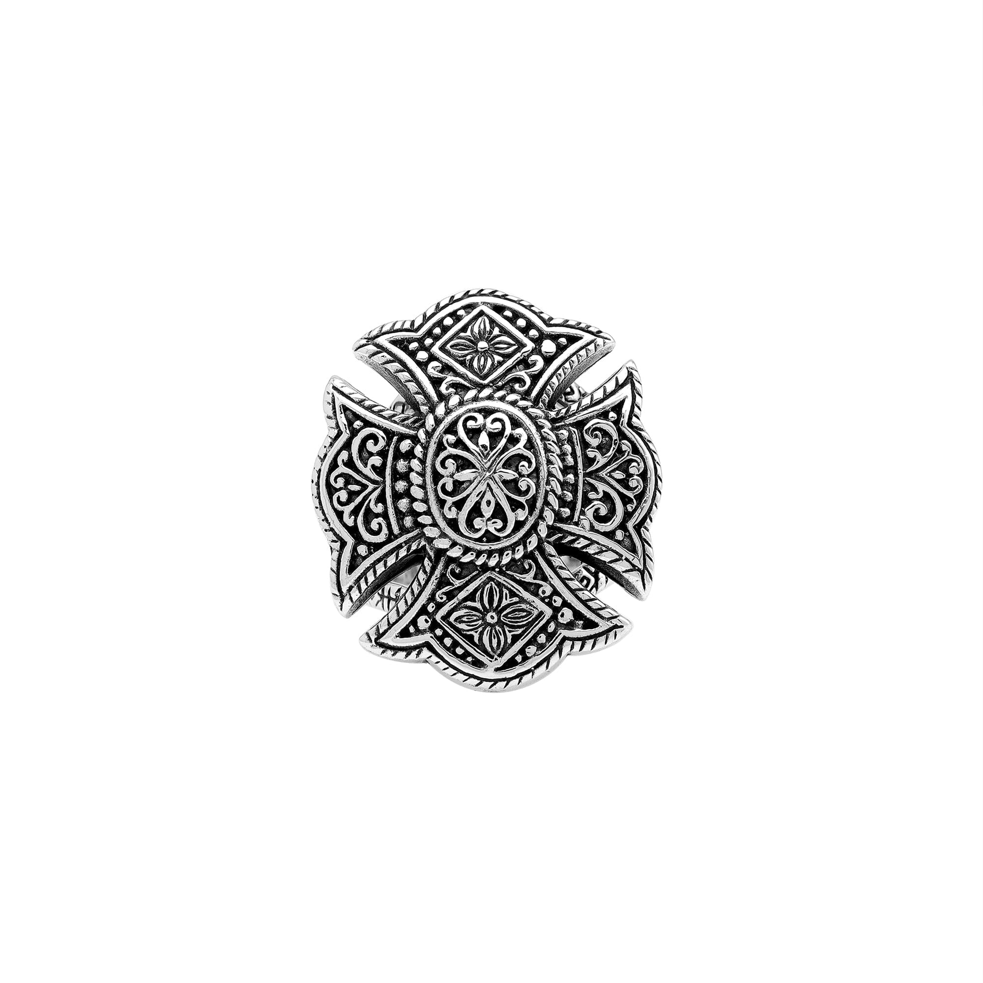Handcrafted sterling silver statement ring with detailed Balinese floral mandala design and oxidized finish – unique boho vintage jewelry for women.