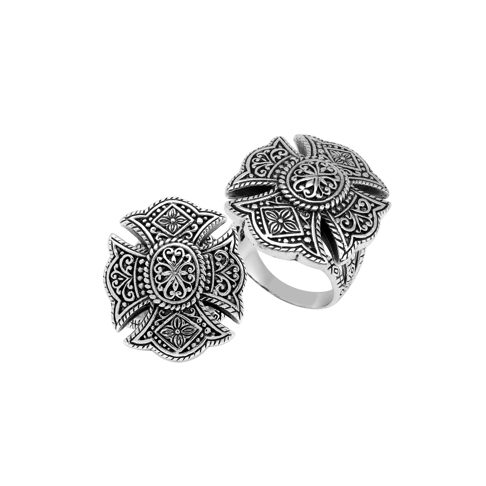 Handcrafted sterling silver statement ring with detailed Balinese floral mandala design and oxidized finish – unique boho vintage jewelry for women.