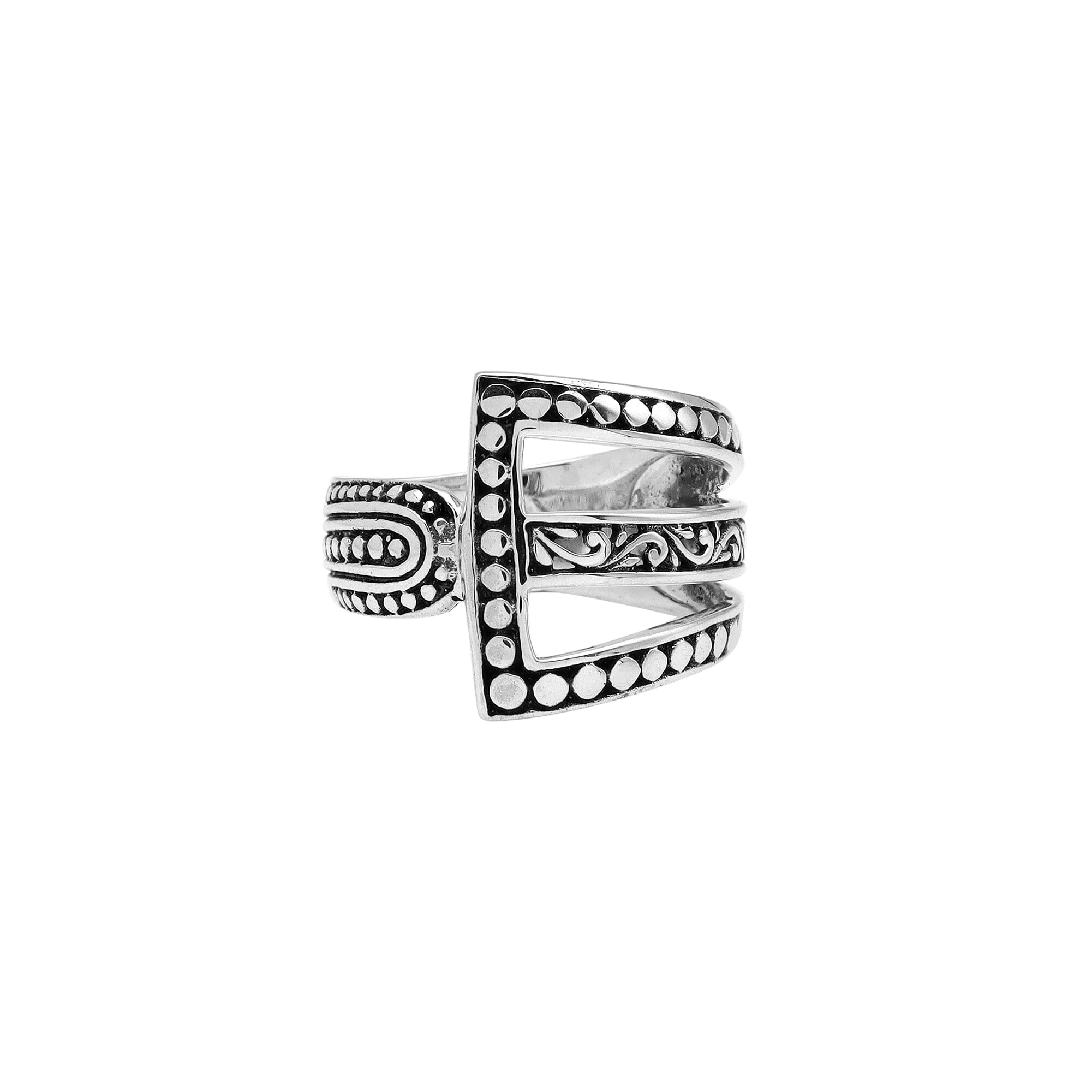 Handcrafted sterling silver geometric statement ring with openwork Balinese design and oxidized details – modern boho artisan jewelry for women.