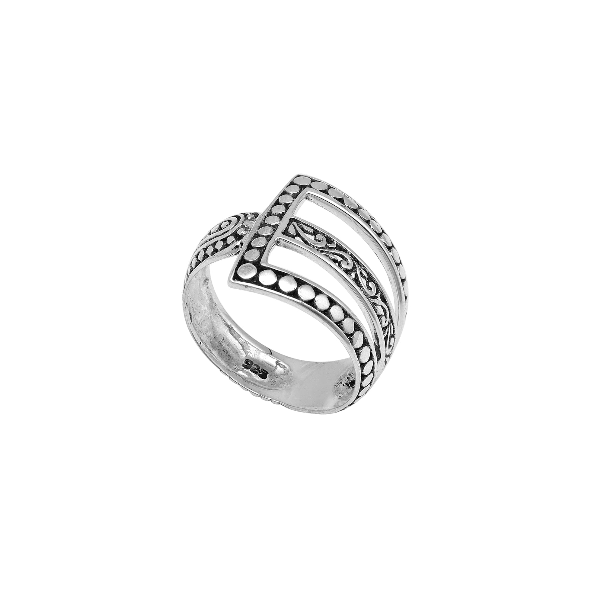 Handcrafted sterling silver geometric statement ring with openwork Balinese design and oxidized details – modern boho artisan jewelry for women.