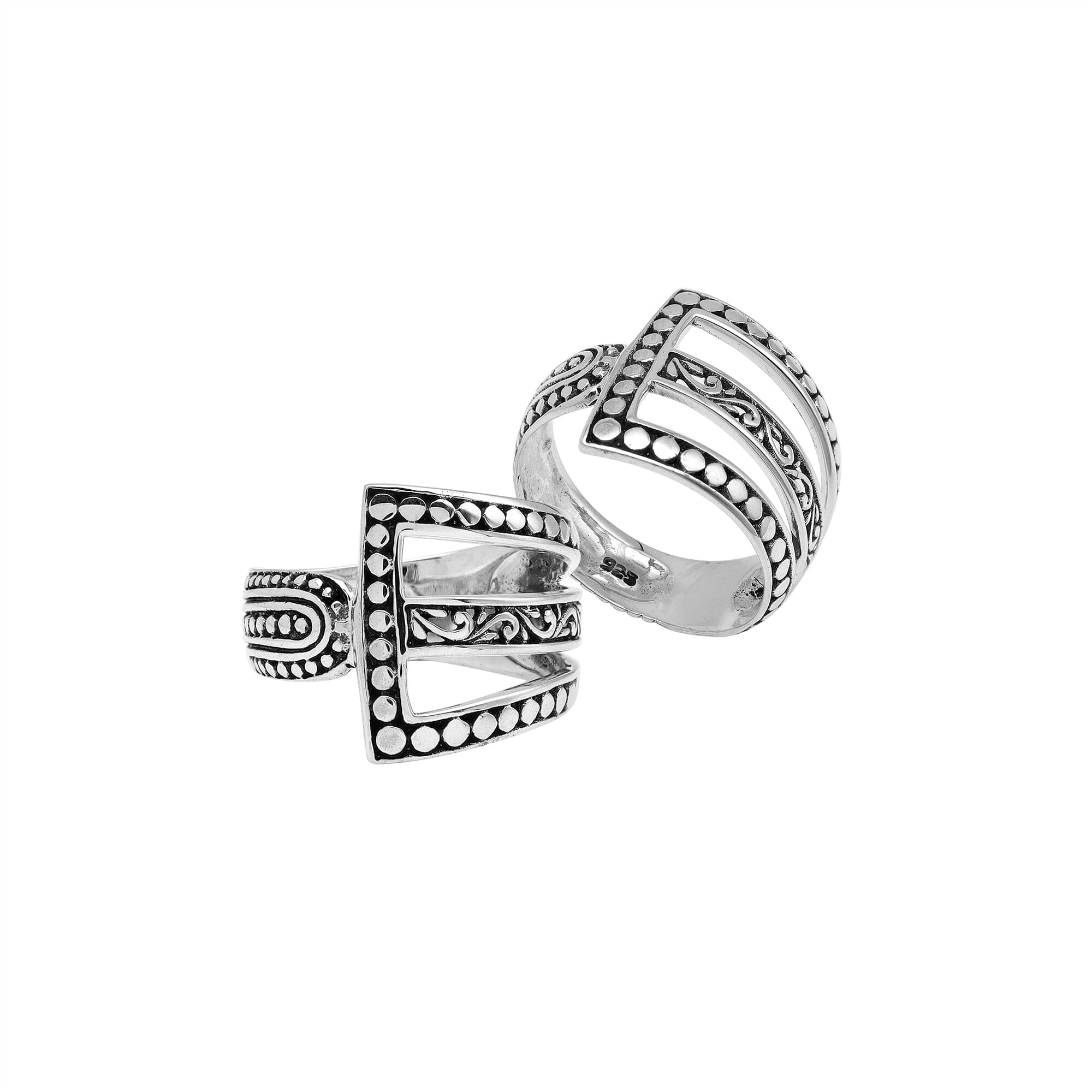 Handcrafted sterling silver geometric statement ring with openwork Balinese design and oxidized details – modern boho artisan jewelry for women.