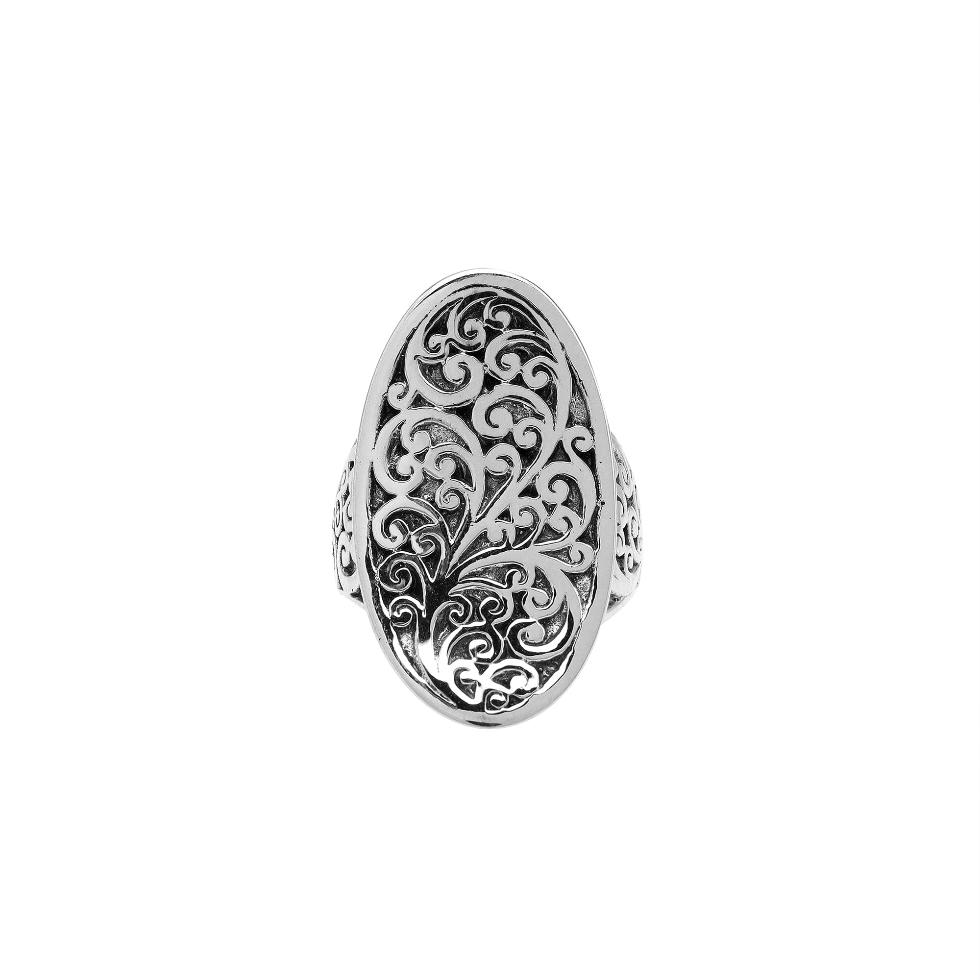Handcrafted sterling silver oval filigree ring with intricate Balinese scrollwork and oxidized finish – elegant boho vintage jewelry for women.