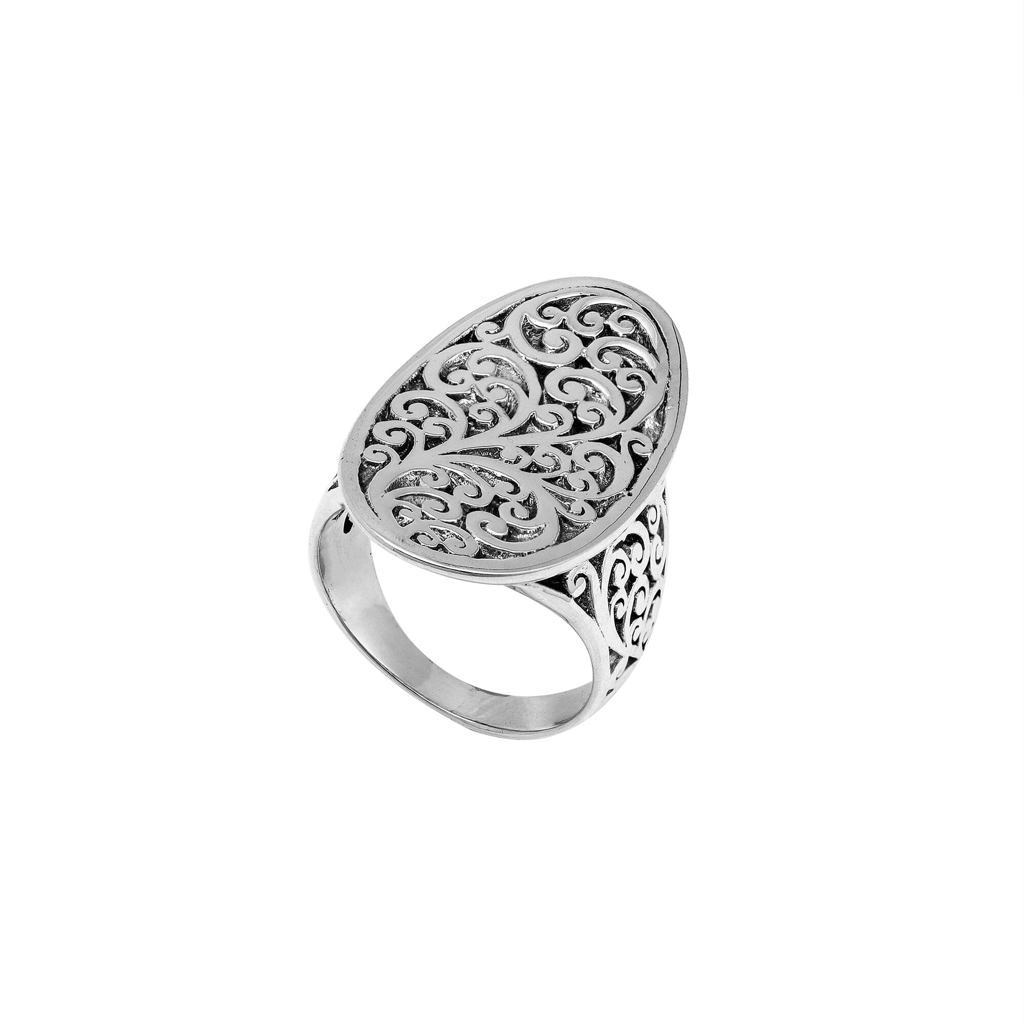 Handcrafted sterling silver oval filigree ring with intricate Balinese scrollwork and oxidized finish – elegant boho vintage jewelry for women.