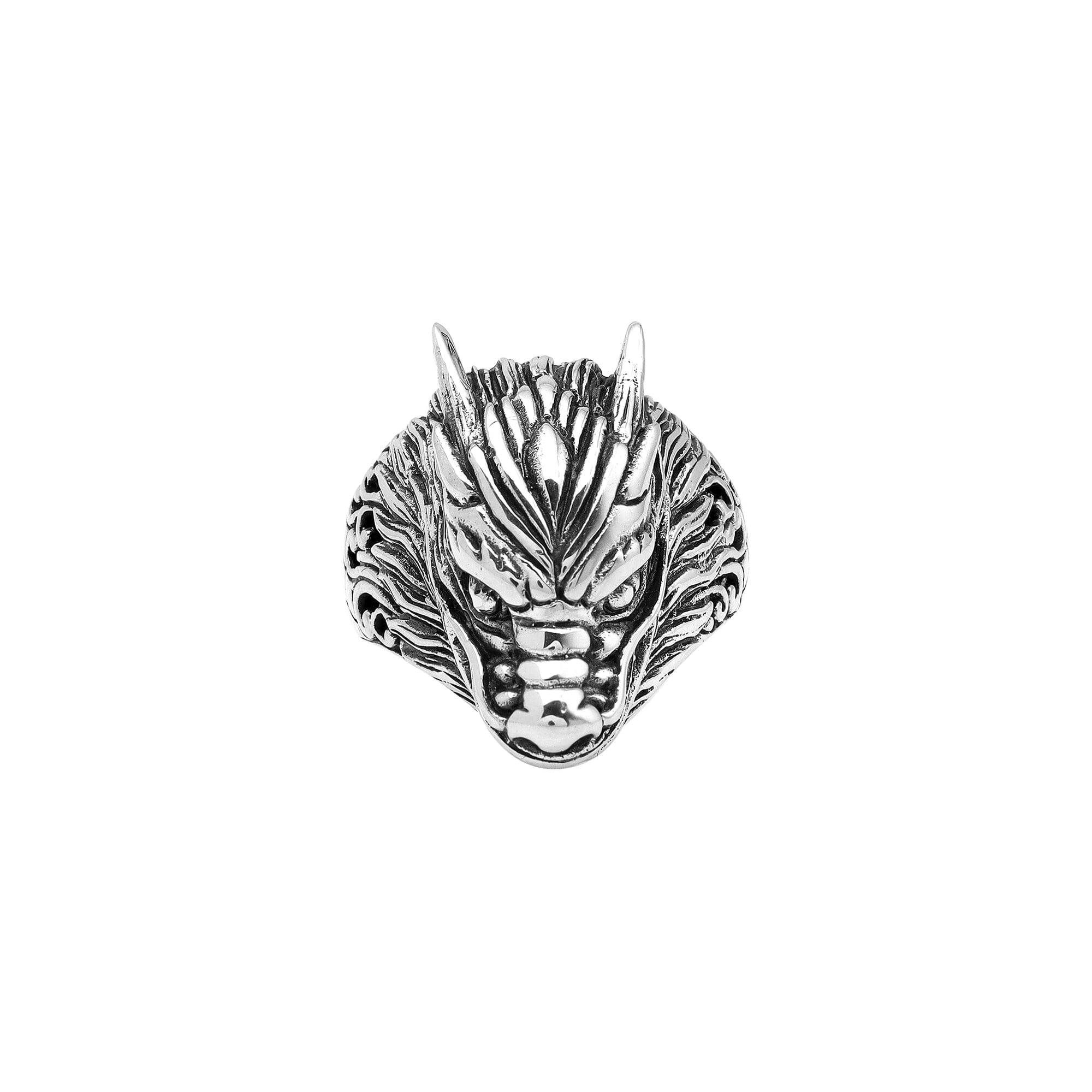 Handcrafted sterling silver dragon head statement ring with detailed Balinese carvings and oxidized finish – bold mythical artisan jewelry for men and women.