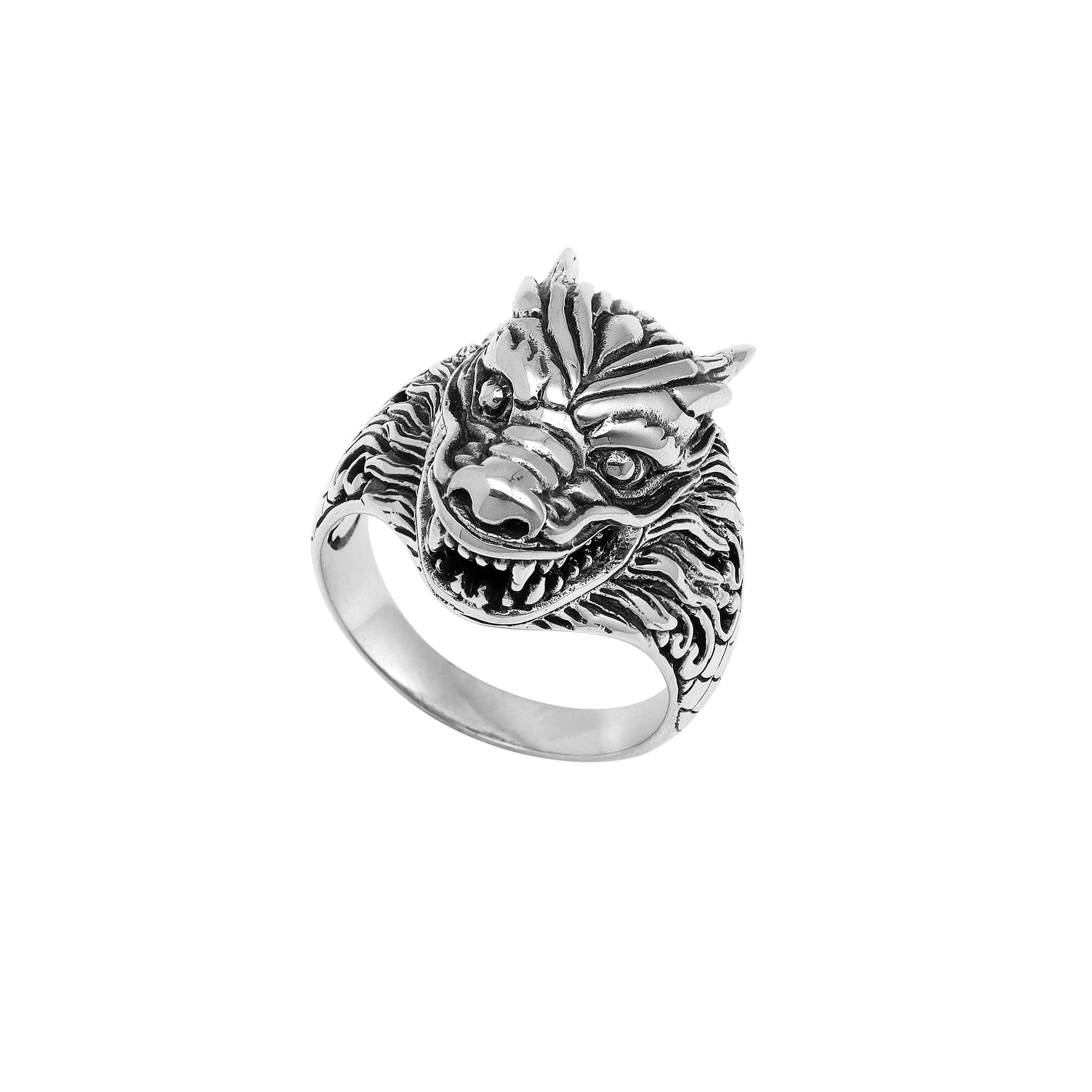 Handcrafted sterling silver dragon head statement ring with detailed Balinese carvings and oxidized finish – bold mythical artisan jewelry for men and women.