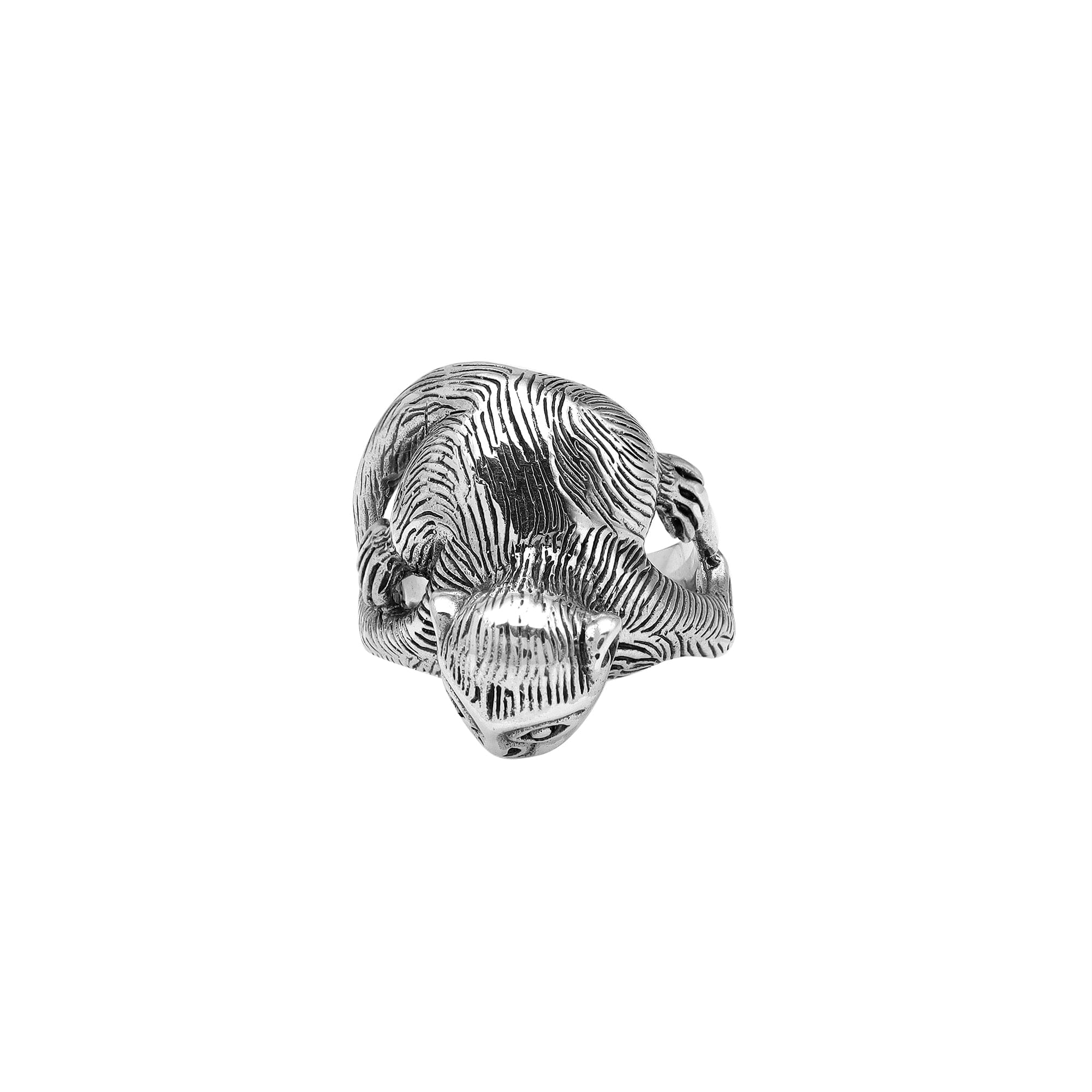 Handcrafted sterling silver monkey design ring with detailed Balinese artistry and oxidized finish – playful animal-inspired boho jewelry for men and women.