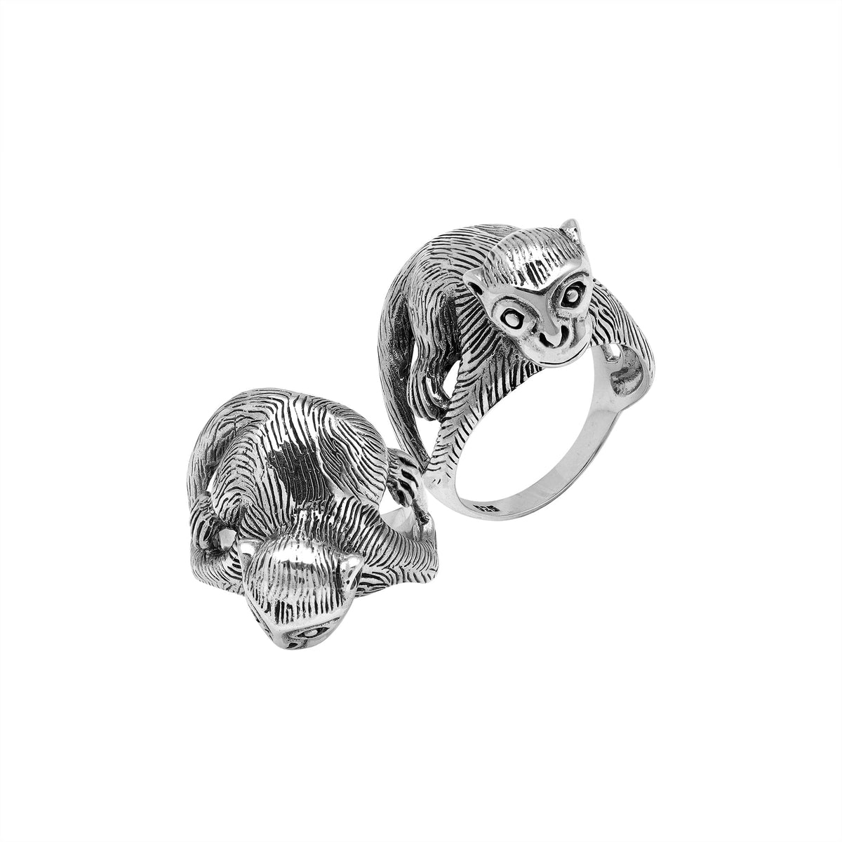 Handcrafted sterling silver monkey design ring with detailed Balinese artistry and oxidized finish – playful animal-inspired boho jewelry for men and women.