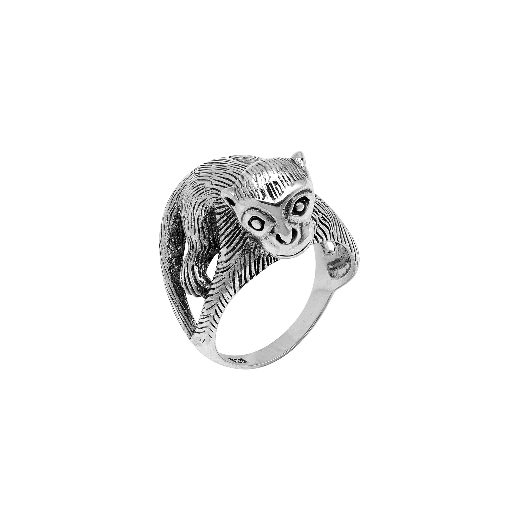 Handcrafted sterling silver monkey design ring with detailed Balinese artistry and oxidized finish – playful animal-inspired boho jewelry for men and women.