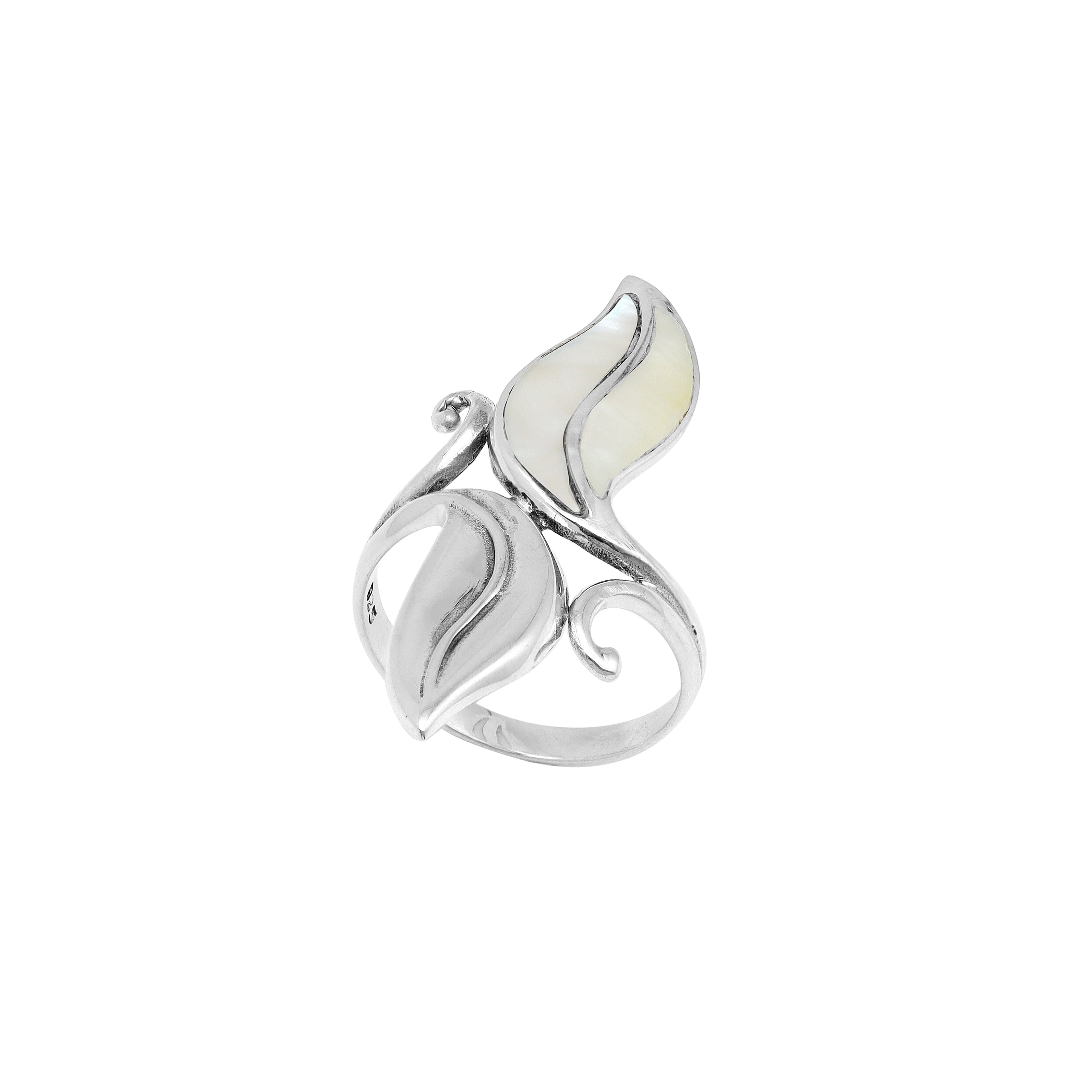 Handcrafted sterling silver leaf ring with luminous Mother Of Pearl inlay – elegant boho Balinese jewelry for women.