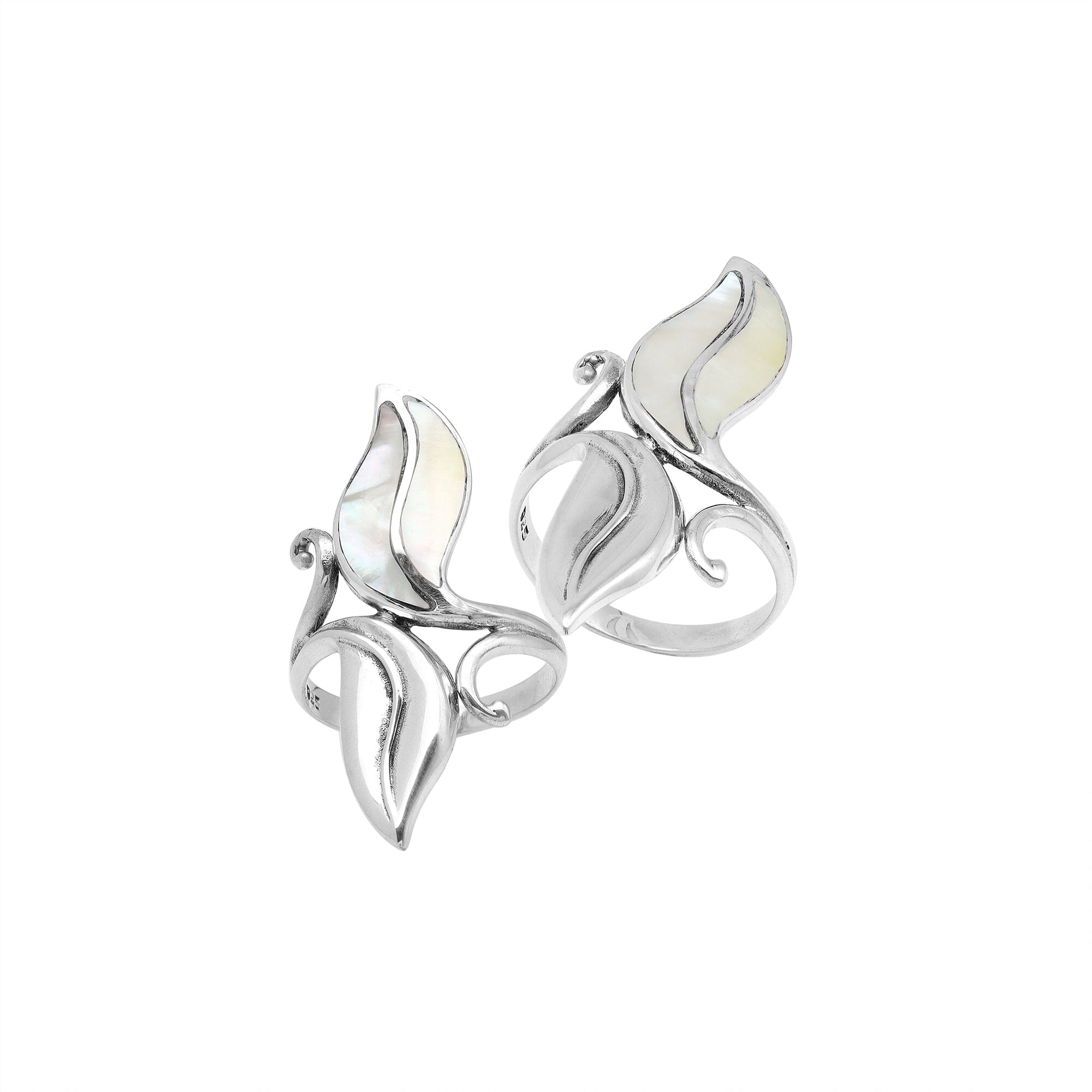 Handcrafted sterling silver leaf ring with luminous Mother Of Pearl inlay – elegant boho Balinese jewelry for women.